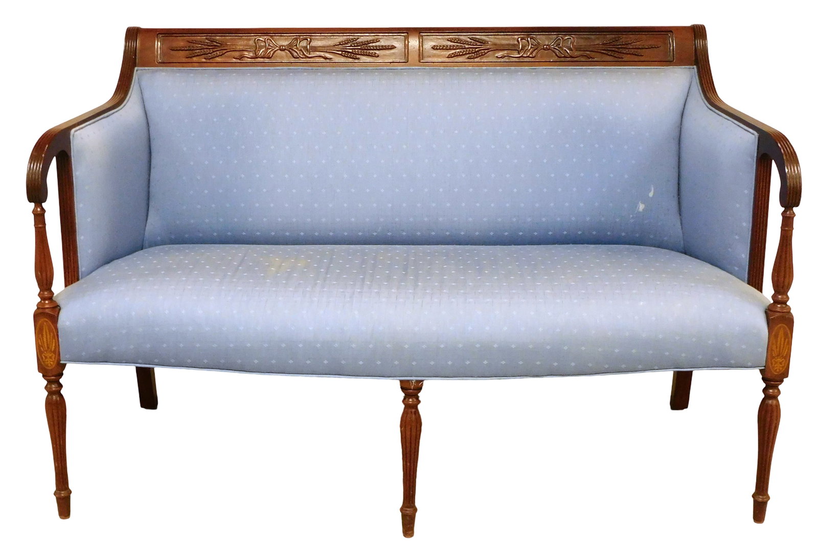 Southwood Sheraton style loveseat with carved crest, 20th-21st C., Samuel McIntire style carved: Southwood Sheraton style loveseat with carved crest, 20th-21st C., Samuel McIntire style carved backboard, decorative inlays above legs, reeded and turned legs, blue upholstery, wear consistent with a