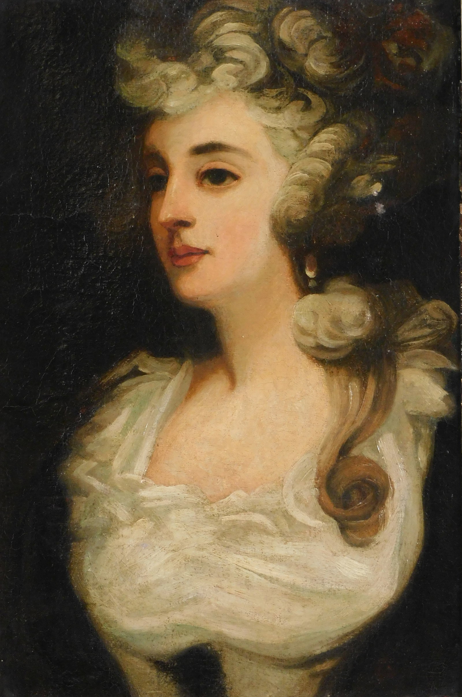 18th-19th C. portrait of woman in white bodice, oil on canvas, unidentified woman in bodice sits (1 of 3)