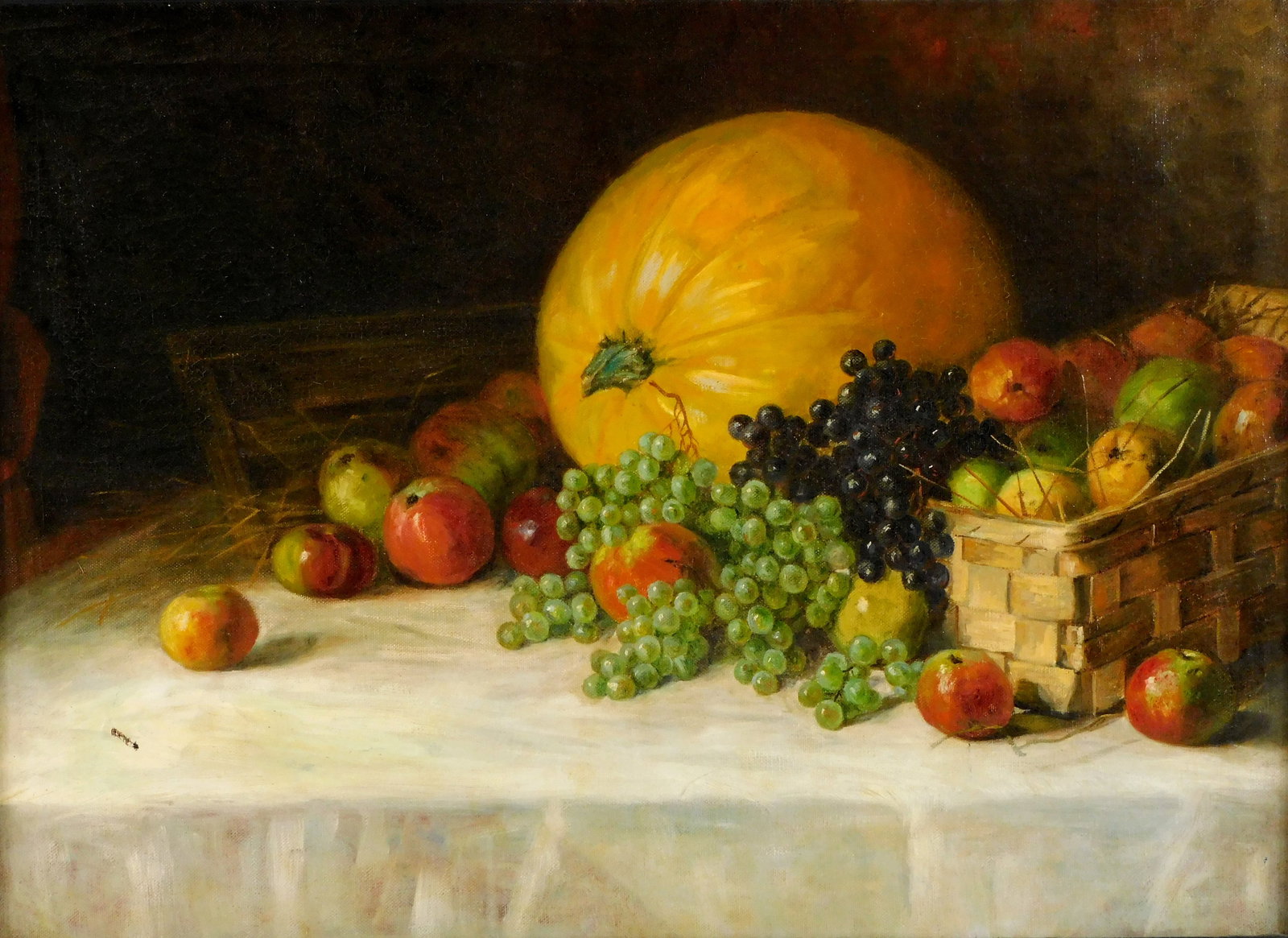 Still life with pumpkin, arranged fruit and basket, 19th C., oil on canvas, unsigned, in newer frame (1 of 4)