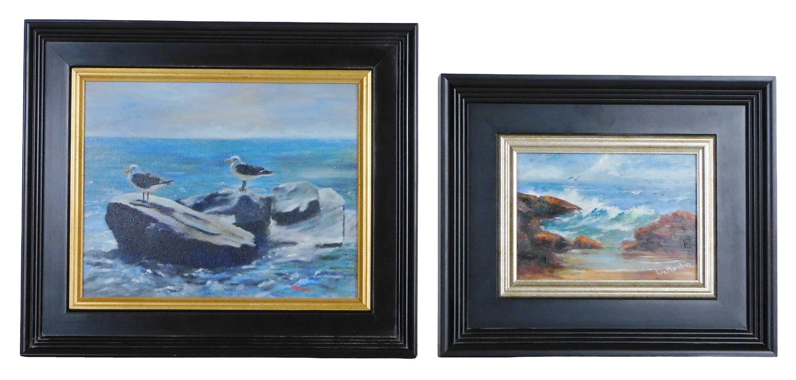 +Two small seascapes, one by Nadine Hawley Newell, 20th C, oil on canvas depicting two gulls on a (1 of 5)