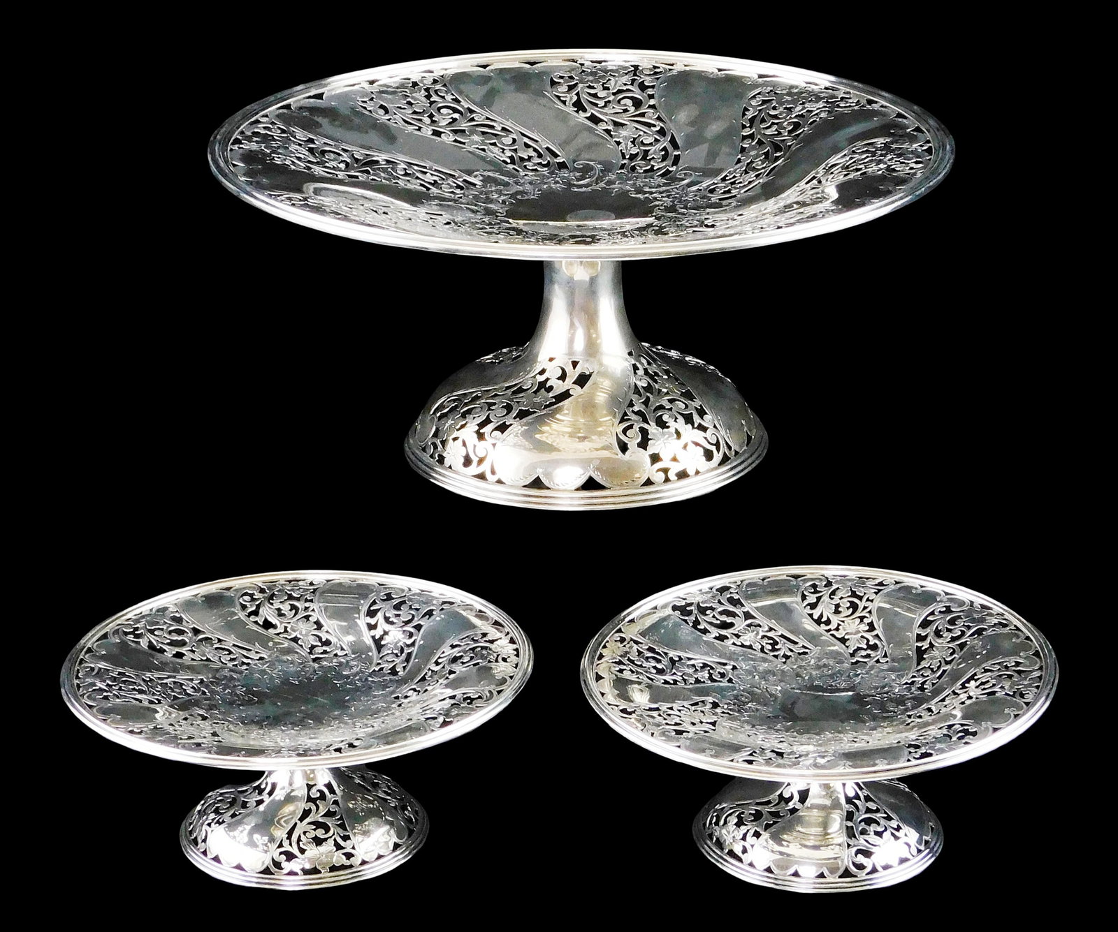 STERLING: Three piece reticulated tazza suite by Howard & Co. New York, NY (1866-1922), one large (1 of 6)