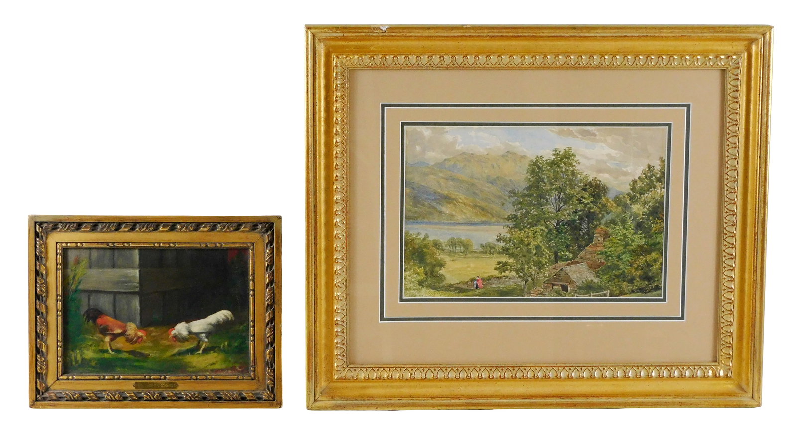 Two small genre paintings, including: "The Two Deacons" farmyard scene, oil on artist board, two (1 of 6)