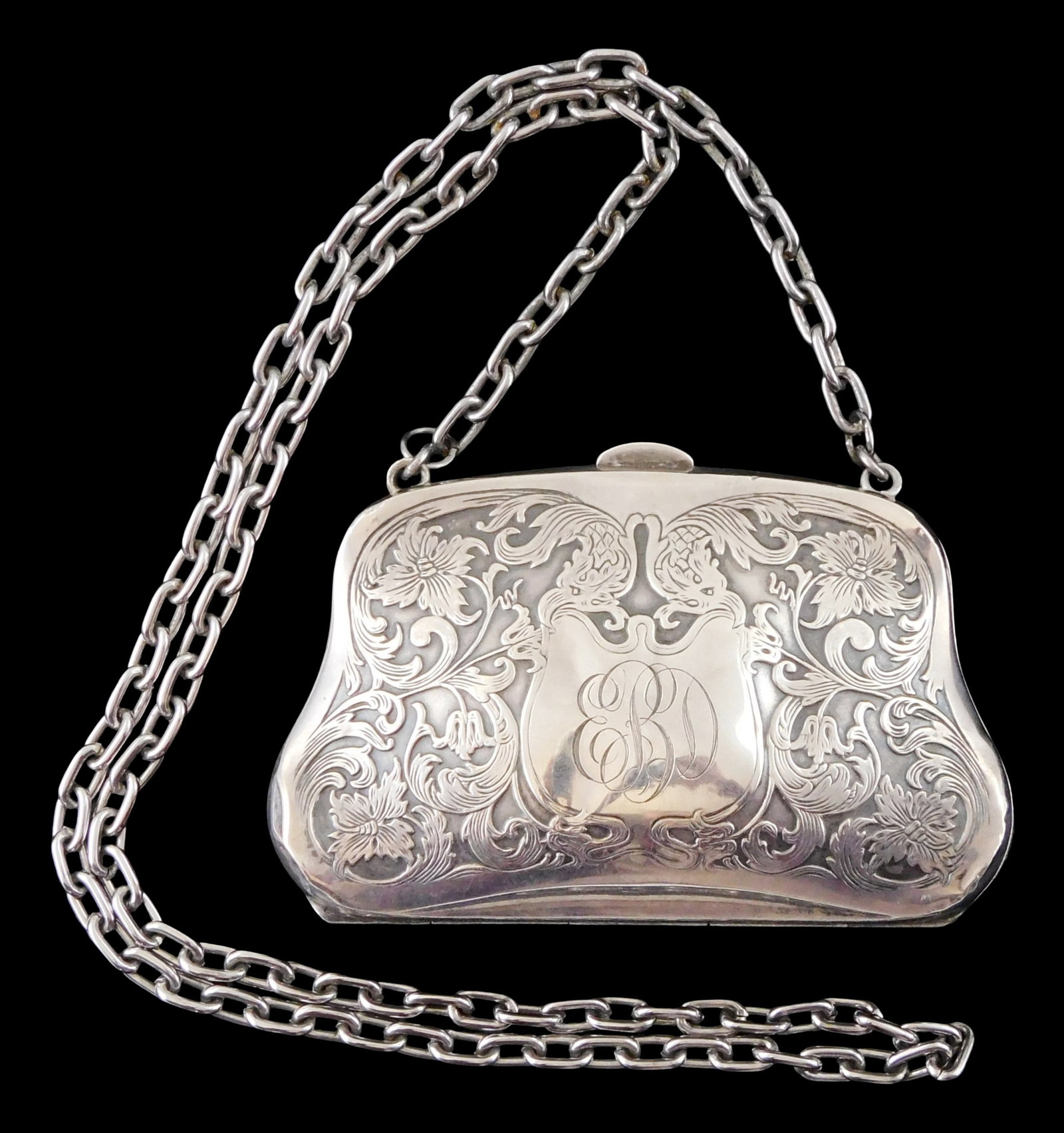 STERLING: Small sterling silver clamshell purse on chain, 19th-early 20th C., engraved with leaf and (1 of 5)