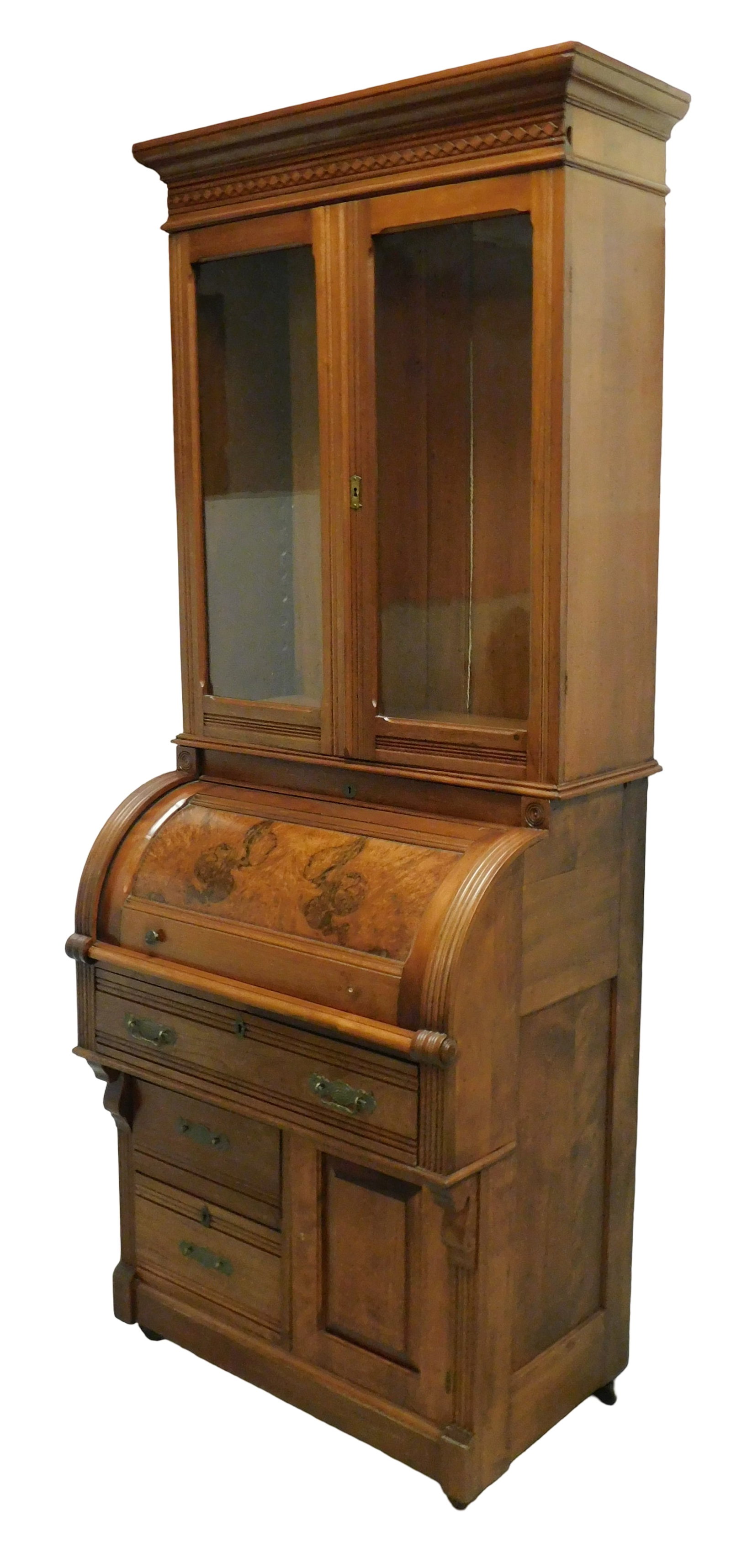 +Secretary roll top desk bookcase, in two pieces, upper case comprised of two glass doors opening to (1 of 4)