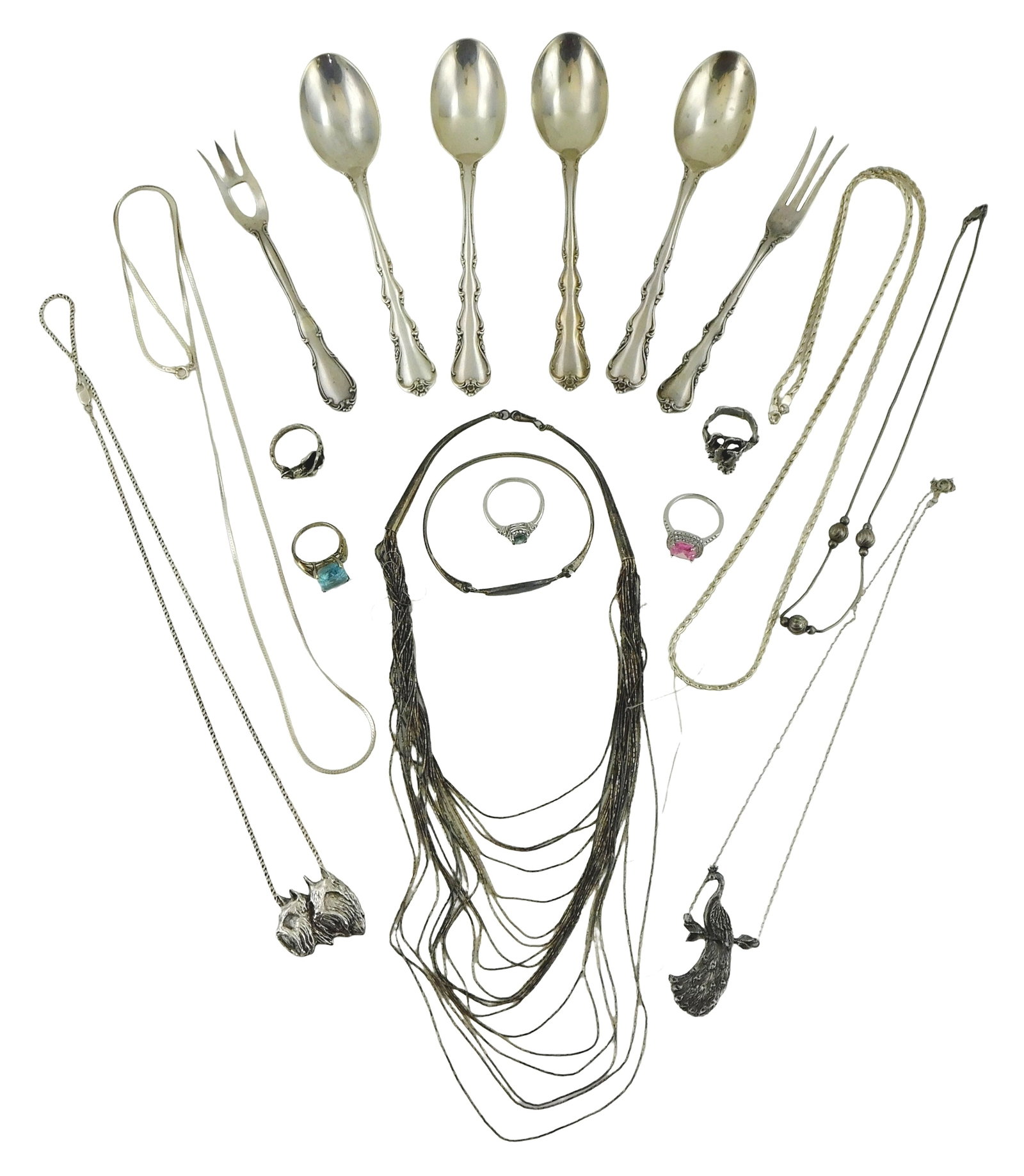 STERLING: Miscellaneous sterling silver flatware and jewelry, eighteen pieces, including: four (1 of 3)