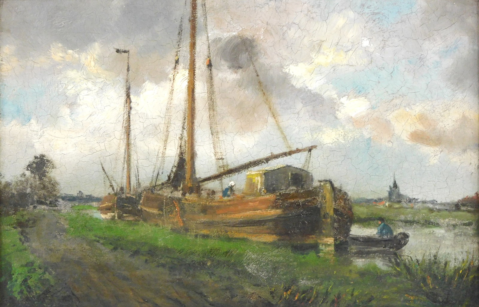 Late 19th- early 20th C. Post-Impressionistic canal scene, oil on canvas, boats docked on side of (1 of 4)