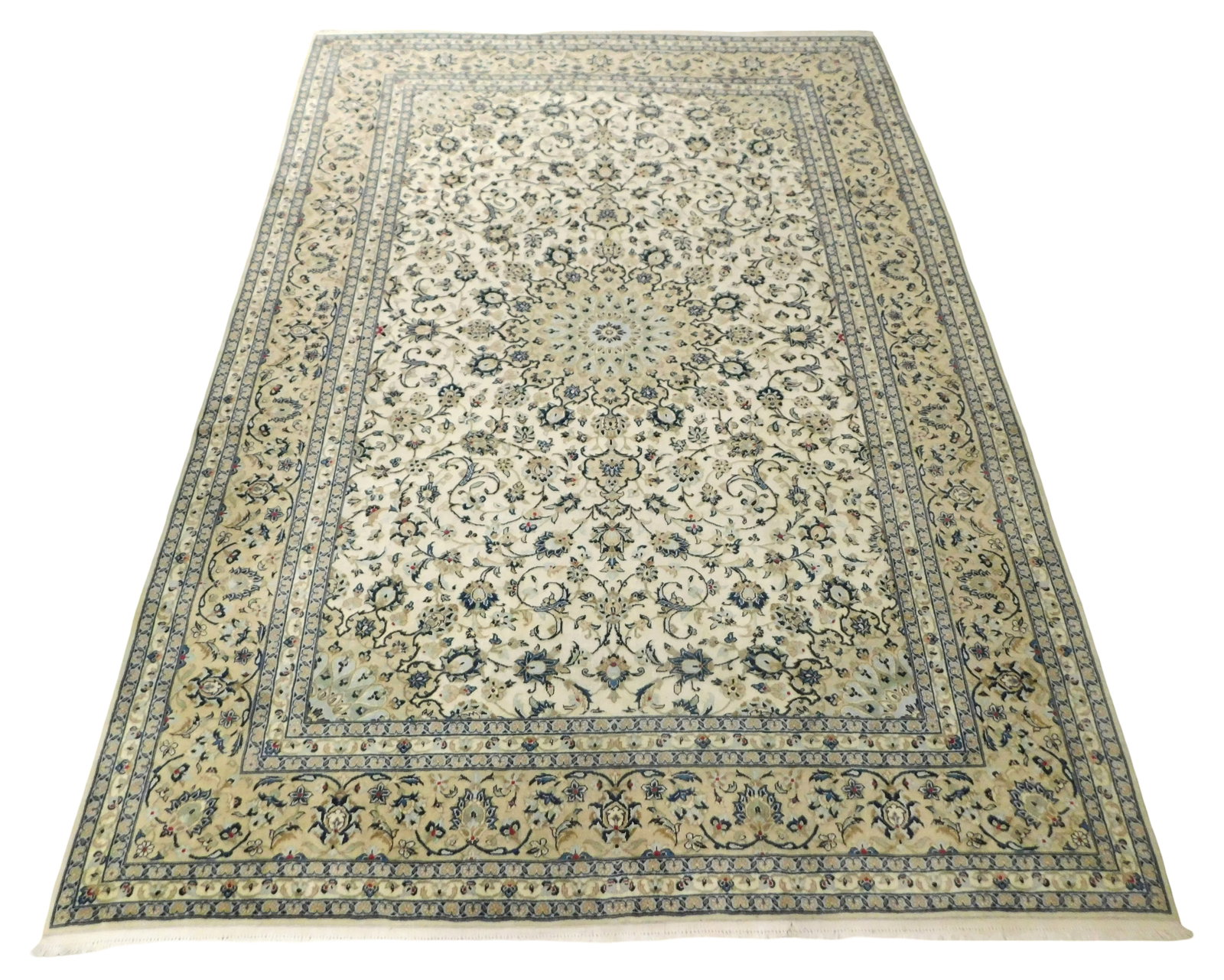 RUG: Persian Kashan, 9' 7" x 13' 9", wool on cotton, cream ground, beige major border, central (1 of 3)
