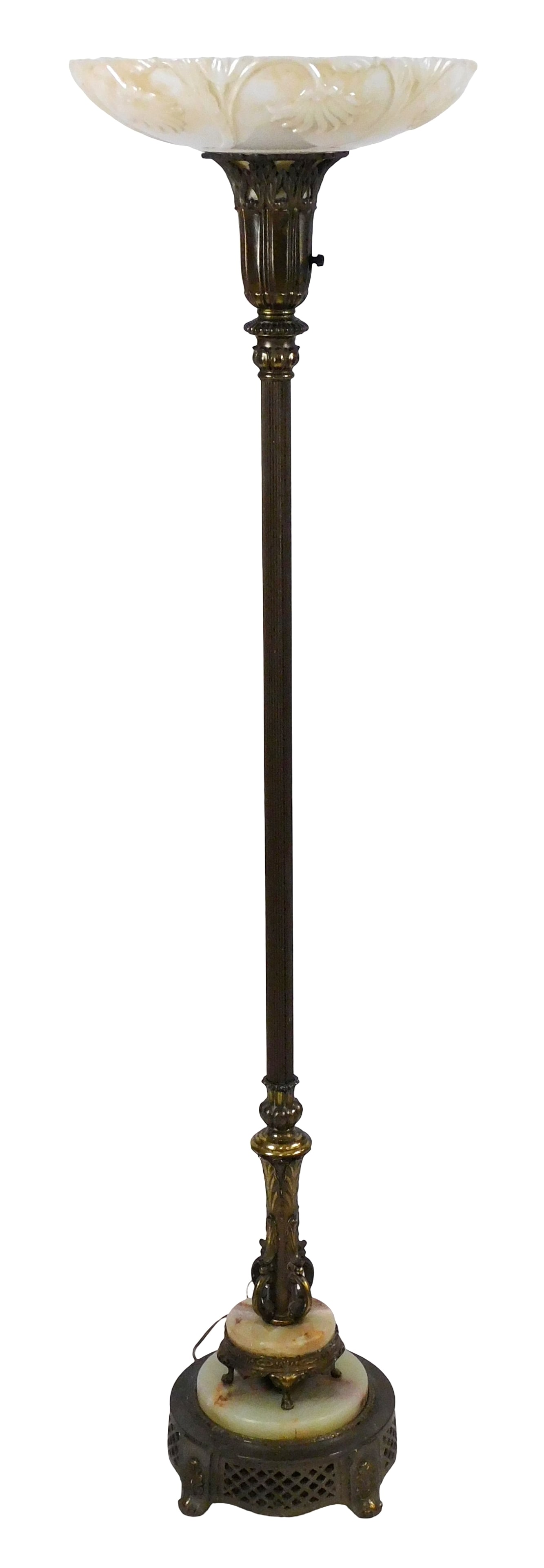 Art Deco brass and onyx torchiere floor lamp, first half 20th C., glass shade with floral relief, (1 of 4)