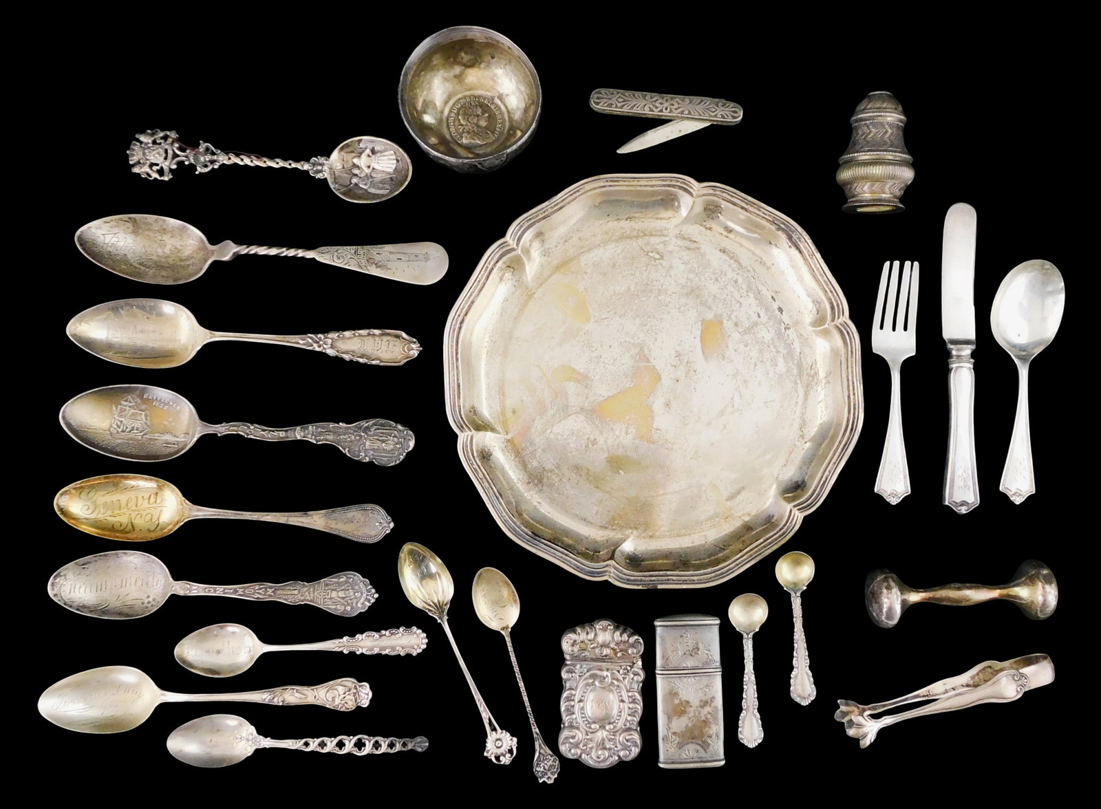 SILVER: Twenty-four pieces of sterling and tested silver, details include: twelve sterling souvenir (1 of 5)