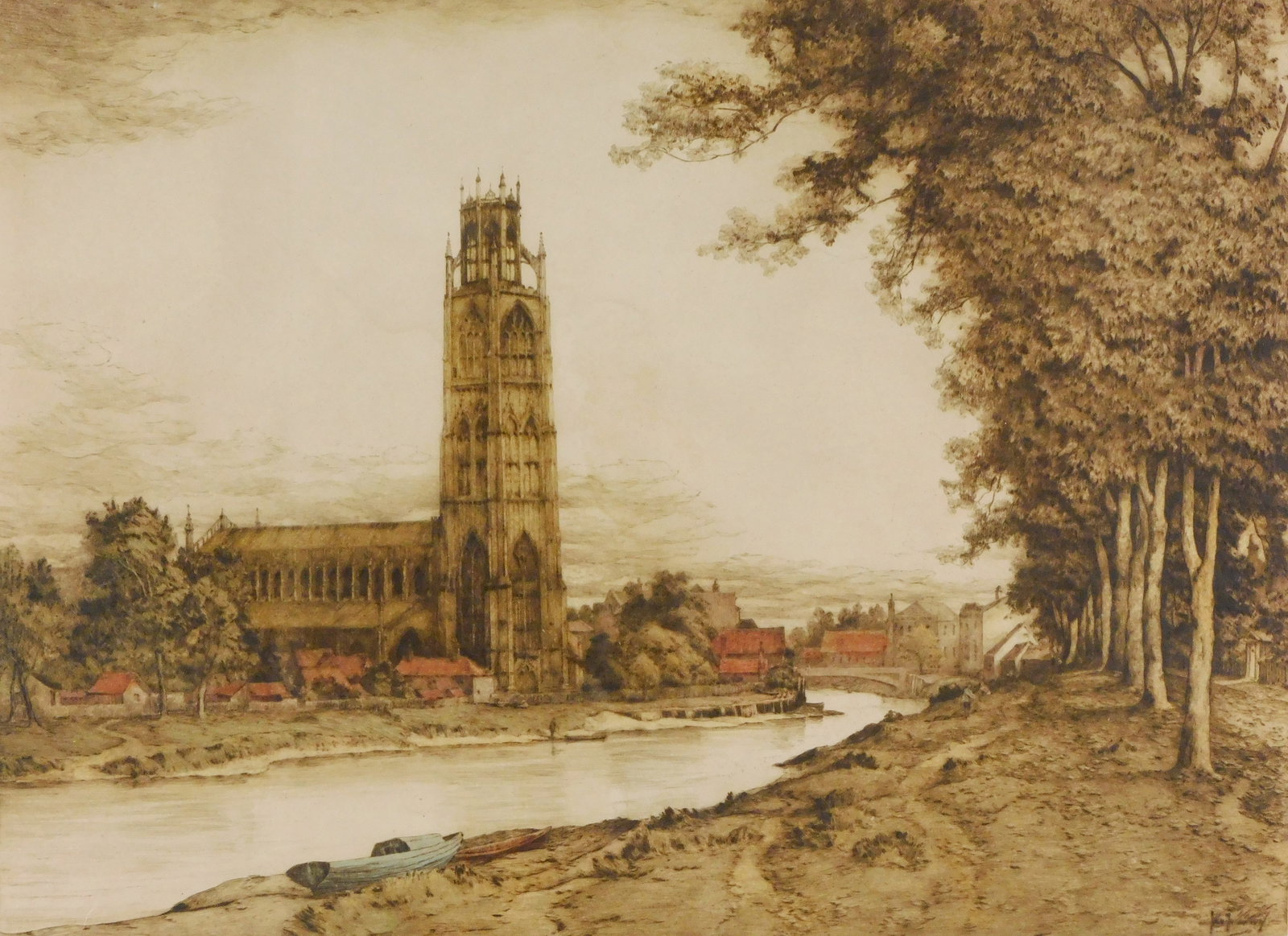 John Fullwood (English, 1854-1931) "Boston (Lincolnshire)" etching, c. 1916, Aquatint on paper, (1 of 6)