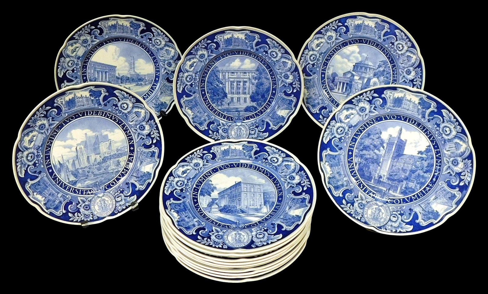 Sixteen Wedgwood Columbia University transferware porcelain plates, English, 20th C., blue and white: Sixteen Wedgwood Columbia University transferware porcelain plates, English, 20th C., blue and white depictions of famous buildings at Colombia University such as "School of Mines", "Kings College", "