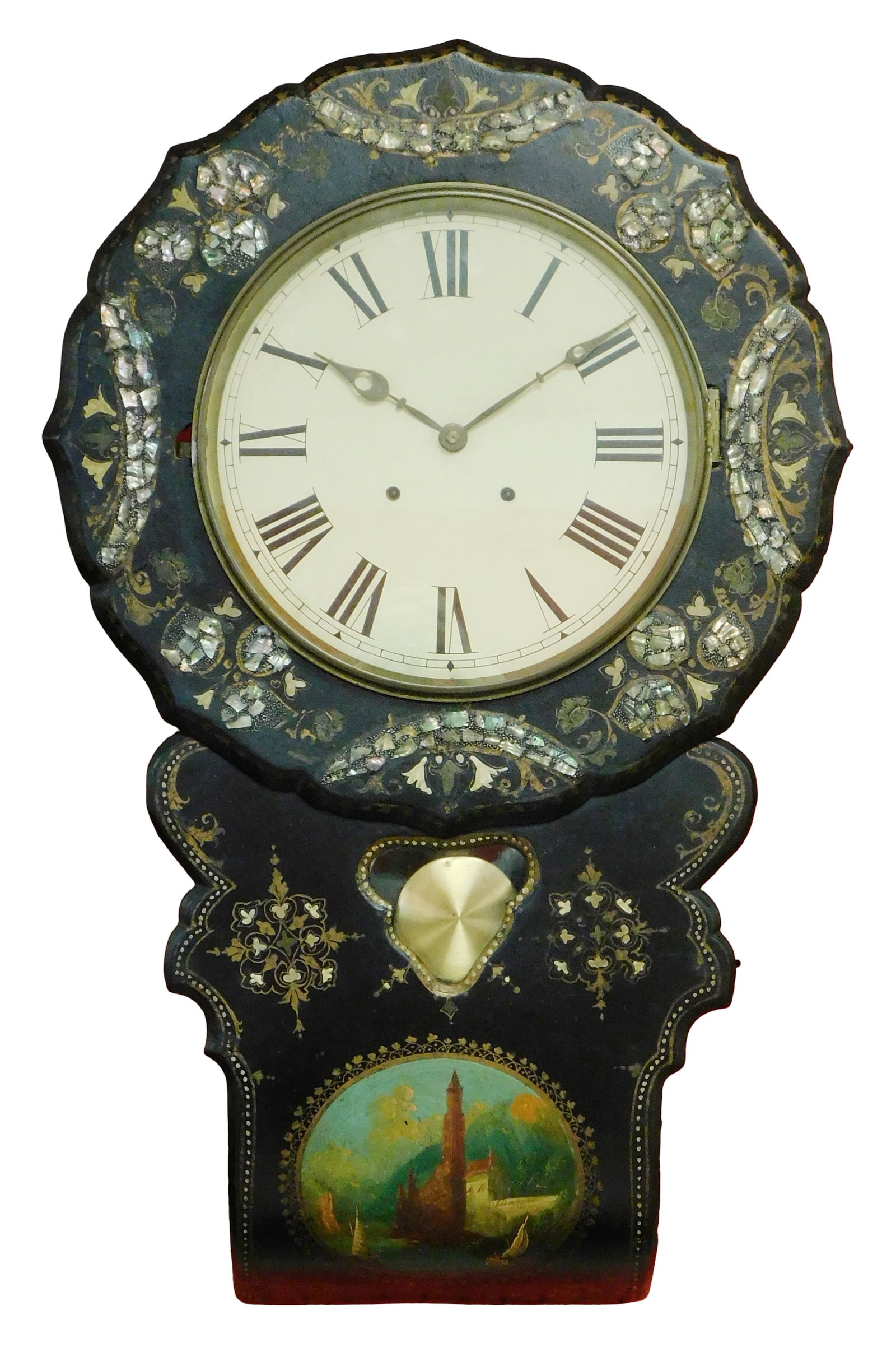Wall clock, English, mid-19th C, papier-mâché case painted black with mother of pearl inlay and (1 of 4)