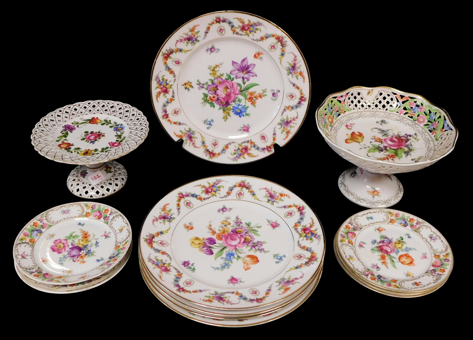 Dresden flower motif porcelain servingware, Royal Bavaria, Schumann and Von Schierholz, thirteen (1 of 5)