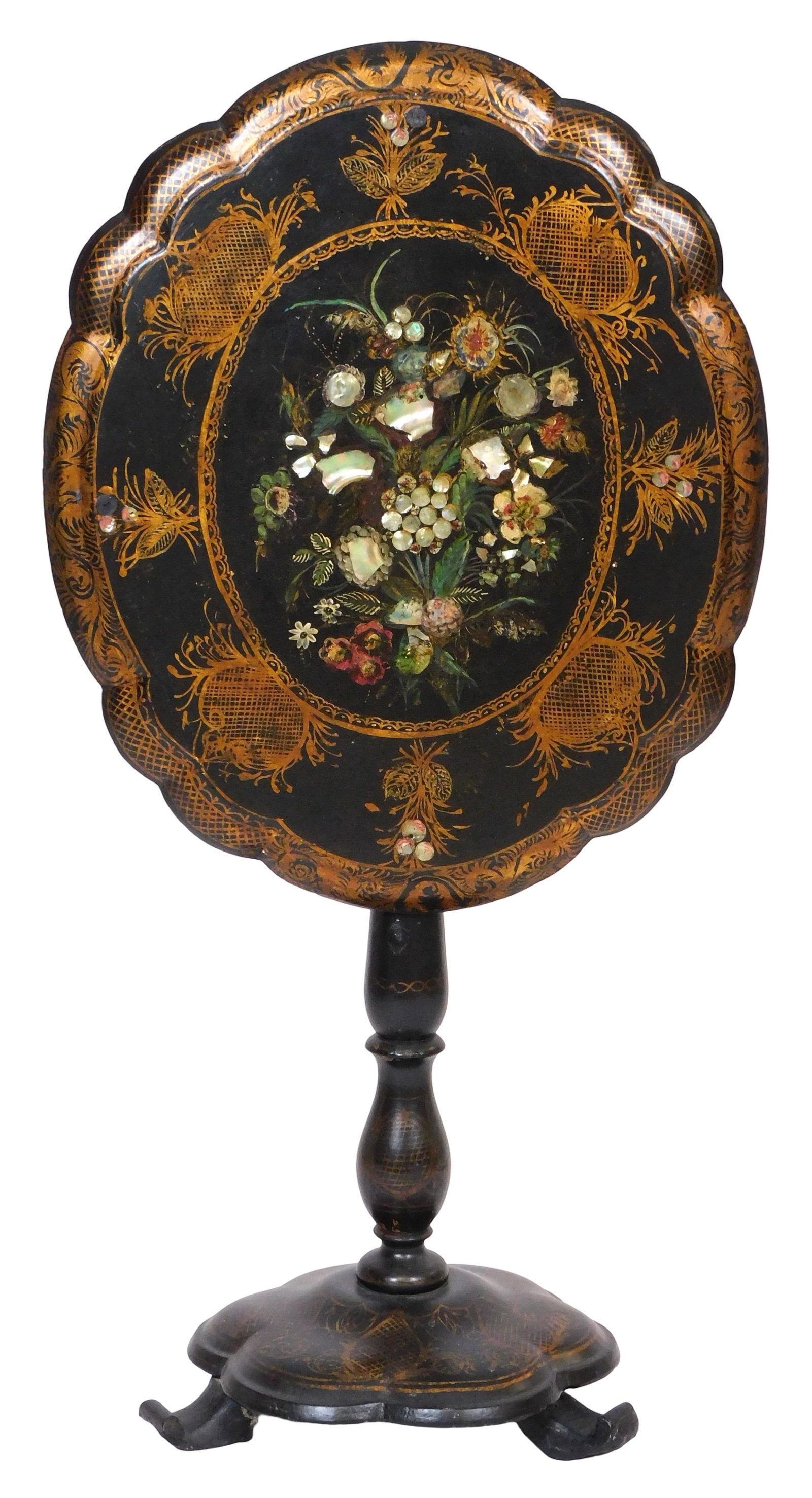 Papier-mâché tilt-top stand, 19th C., likely English, ovular top with scalloped edge, top inlaid (1 of 5)