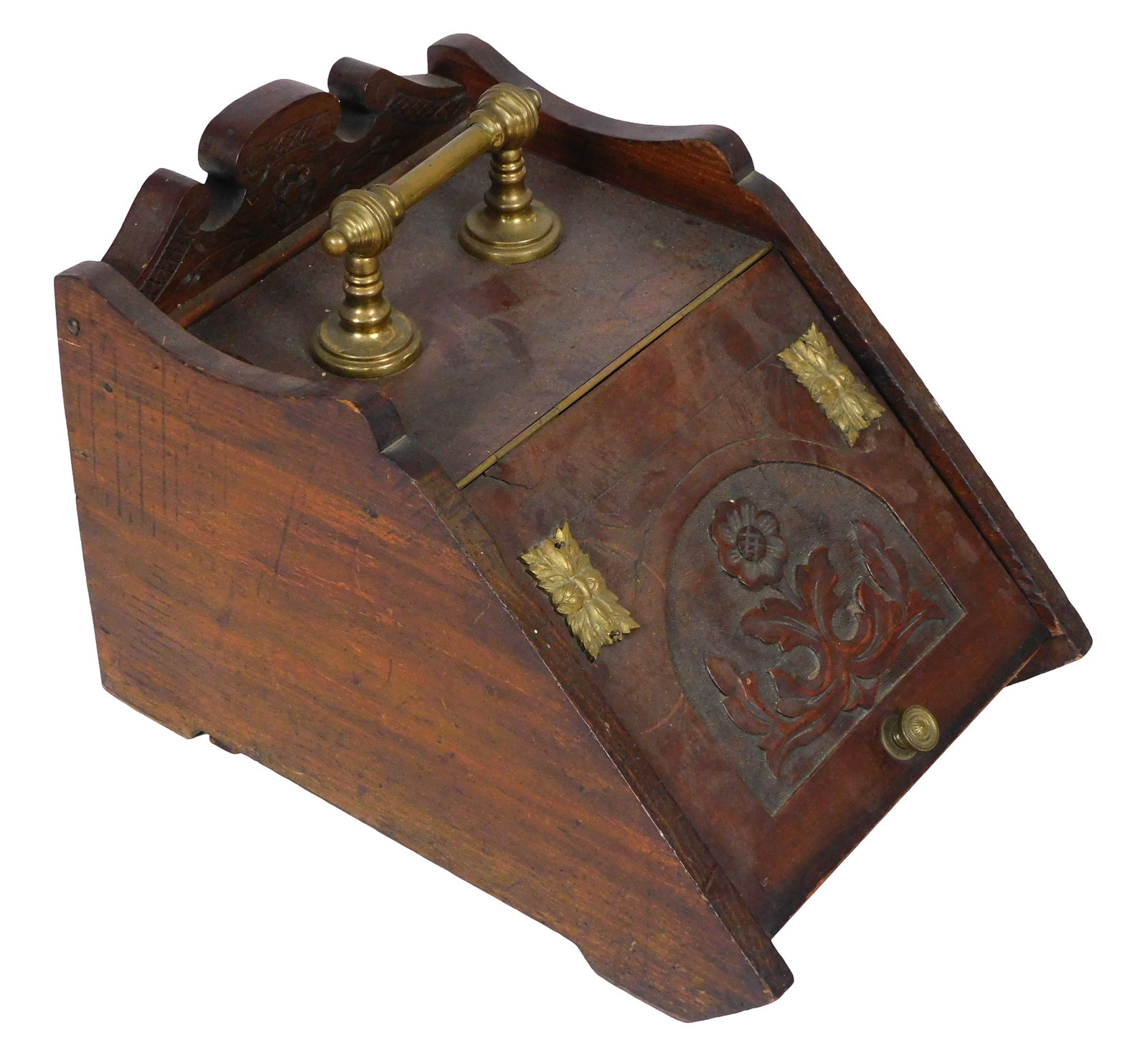 Bas relief coal hod with floral carved lid, late 19th- early 20th C., likely English, relief carved (1 of 4)