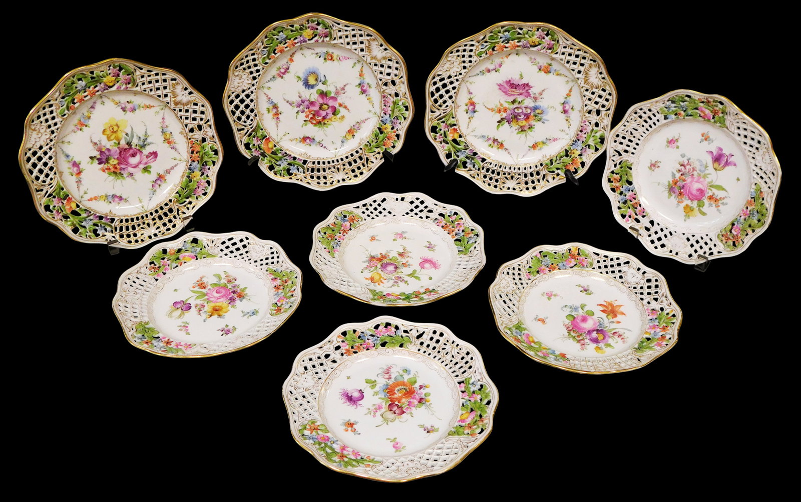 Eight Dresden hand painted reticulated plates, Meissen and others, 19th-20th C., Germany, all with (1 of 3)