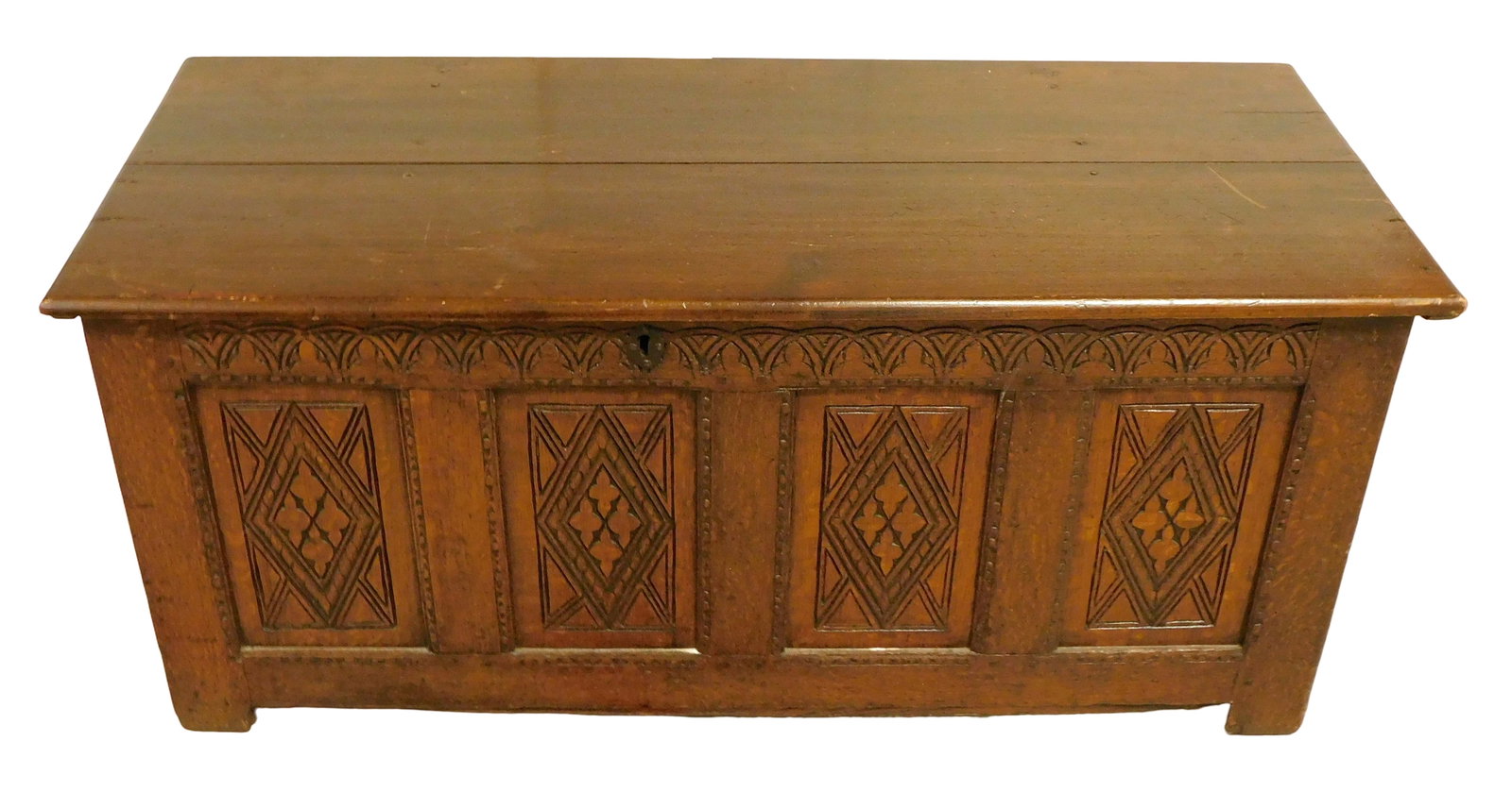 Oak chest, English, c. 1700, oak and pine, carved four panel front, two panel sides, till missing, (1 of 4)