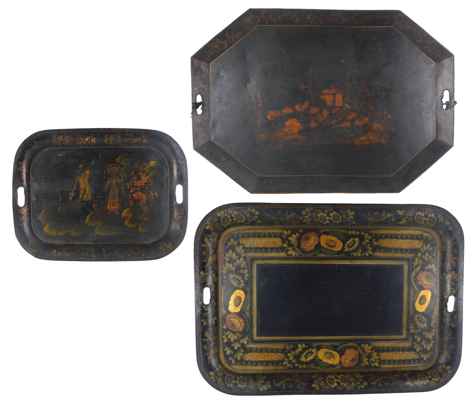 Three toleware trays, 19th C., largest tole tray with gilt floral borders and village detail on (1 of 7)