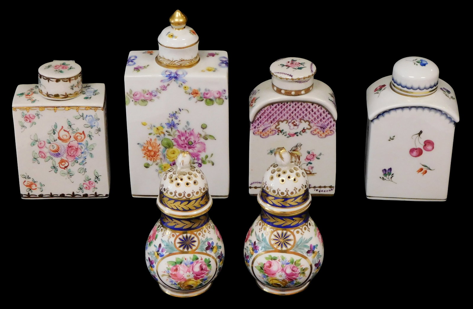 Four porcelain tea caddies and pair of sugar shakers or castors, all hand painted, including: Royal (1 of 4)