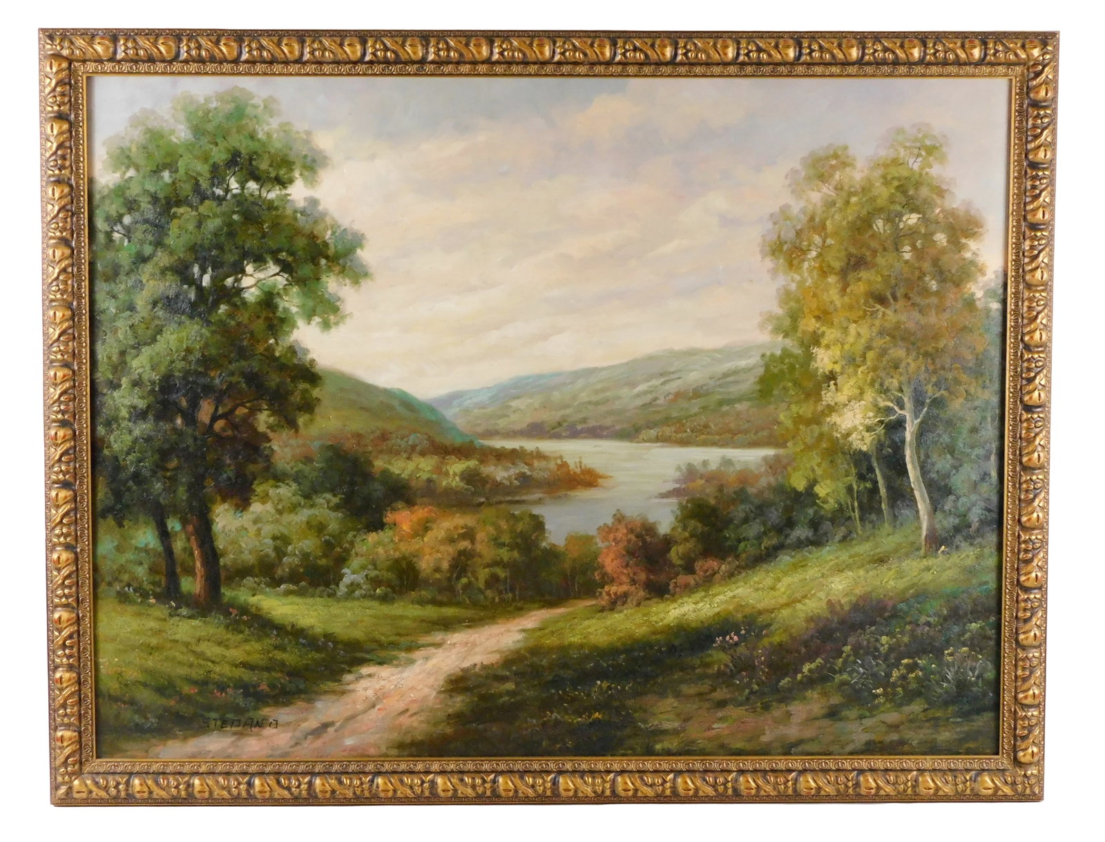 L. Stepano European pastoral landscape painting, 20th C., oil on canvas, path to river or bay (1 of 4)