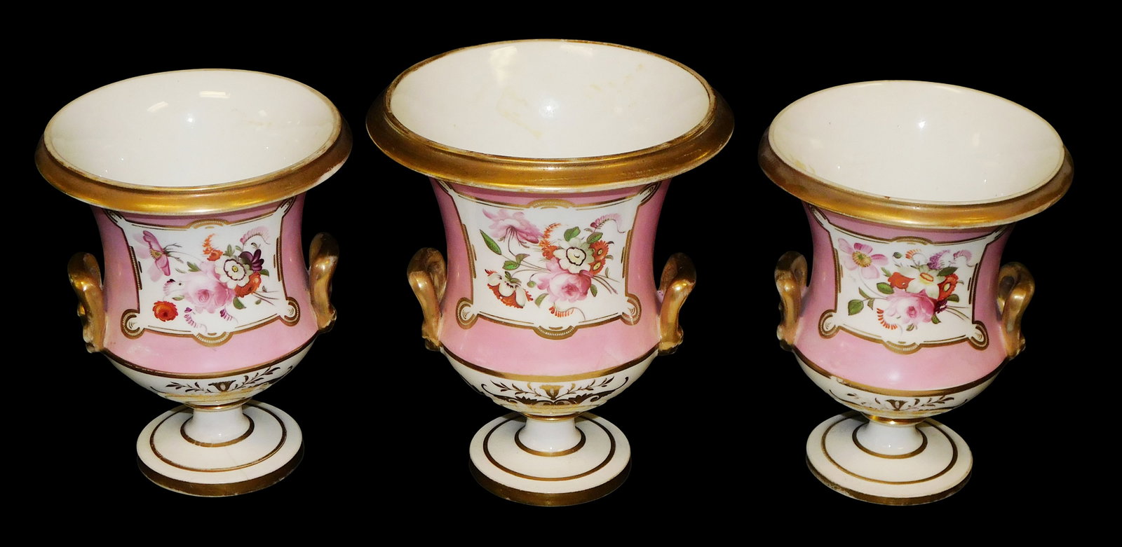 Set of three Dresden style urn vases, late 19th-early 20th C., likely German, pink ground, floral (1 of 3)
