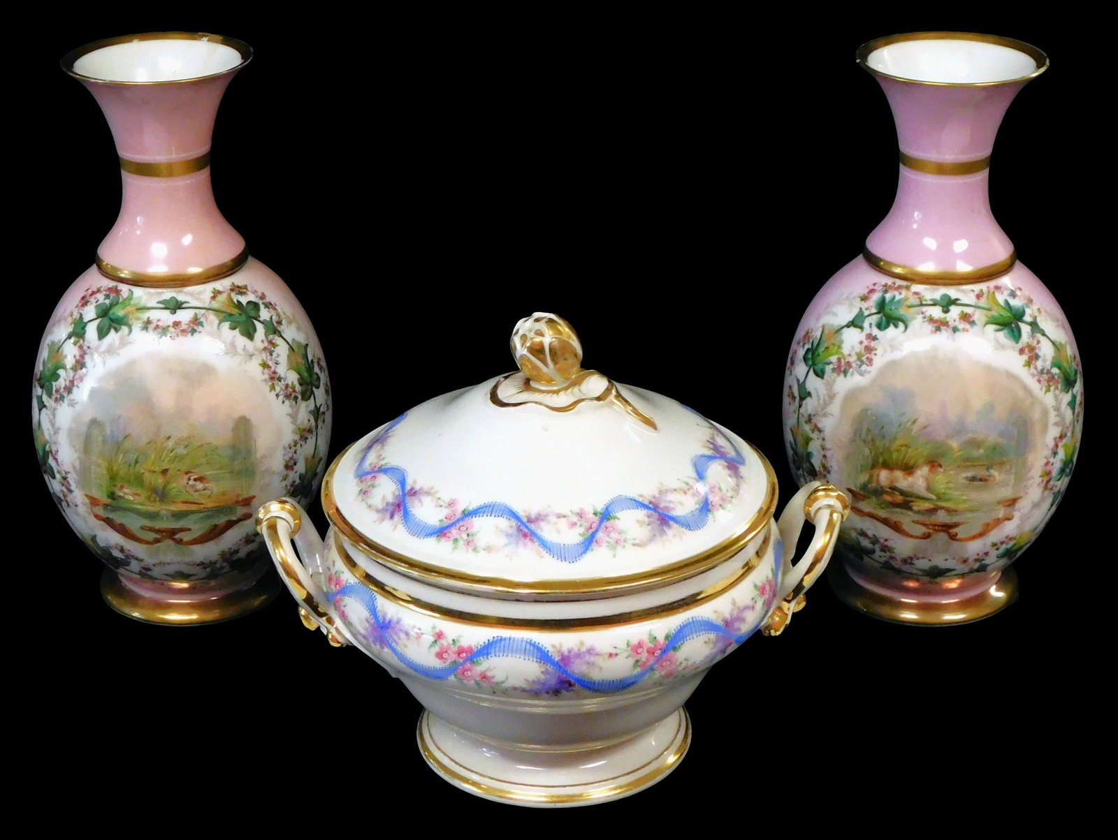 French style porcelain vases and tureen, late 19th C., including: pair of Limoge style genre scene (1 of 7)