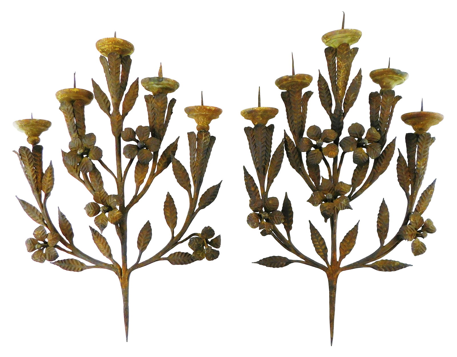 Pair of iron floral candleholders, French or Italian, matching floral design with five candle (1 of 3)