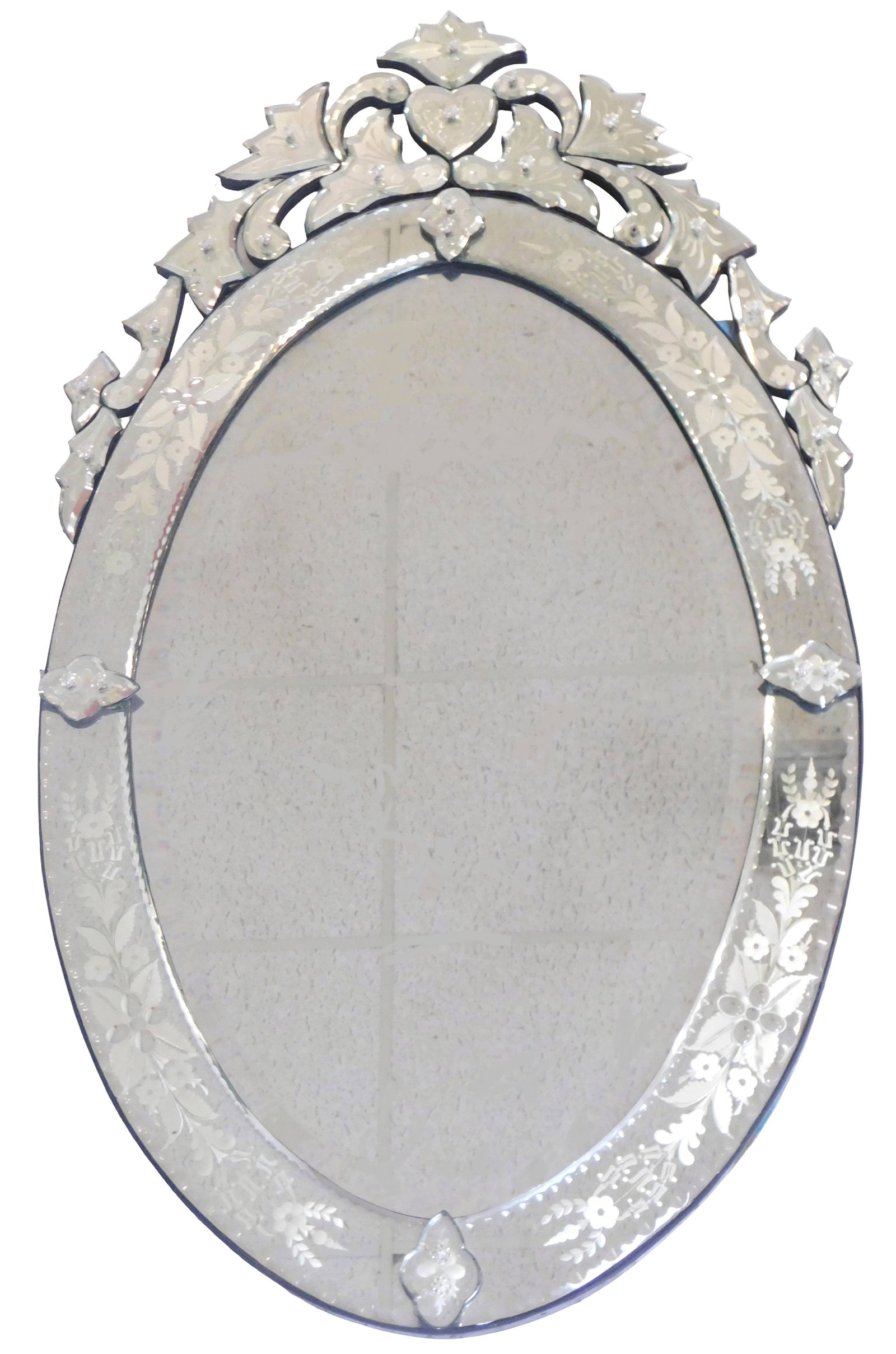 Venetian style wall mirror, oval, with beveled glass and etched foliate vine motif throughout, heart (1 of 4)