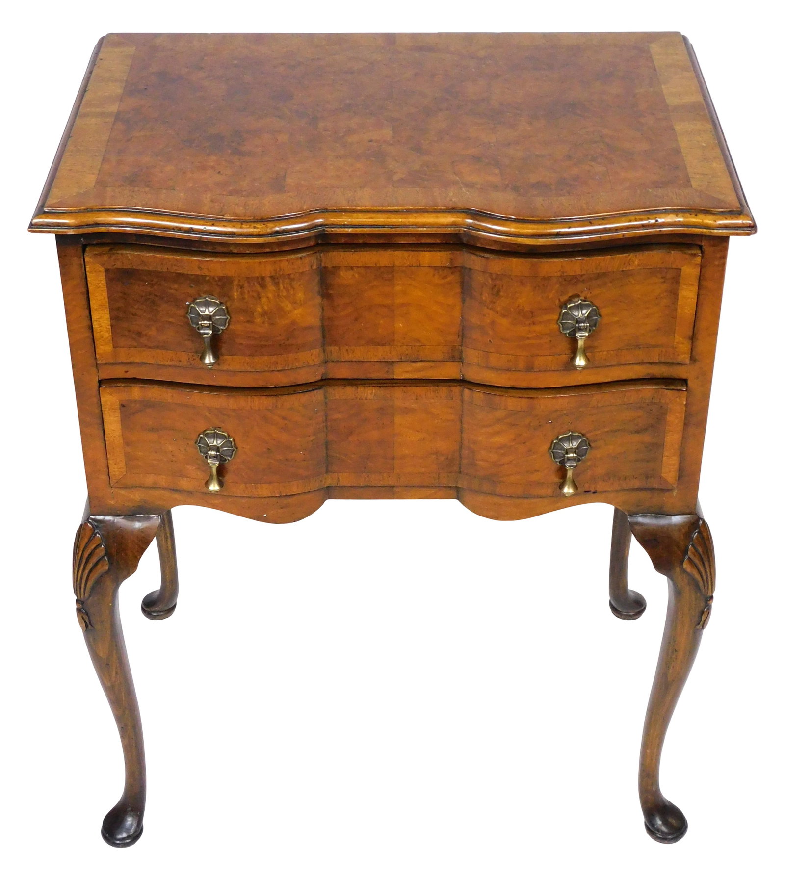 Louis XV style two drawer stand, 20th C., banded drawers, burled veneer, top with parquetry, (1 of 6)