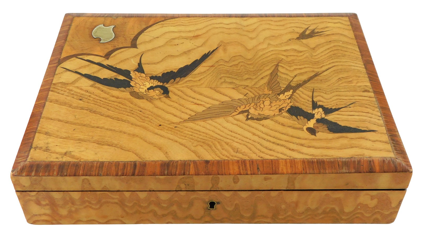 French Art Nouveau marquetry hinged box, late 19th-early 20th C., possible artist box missing (1 of 4)