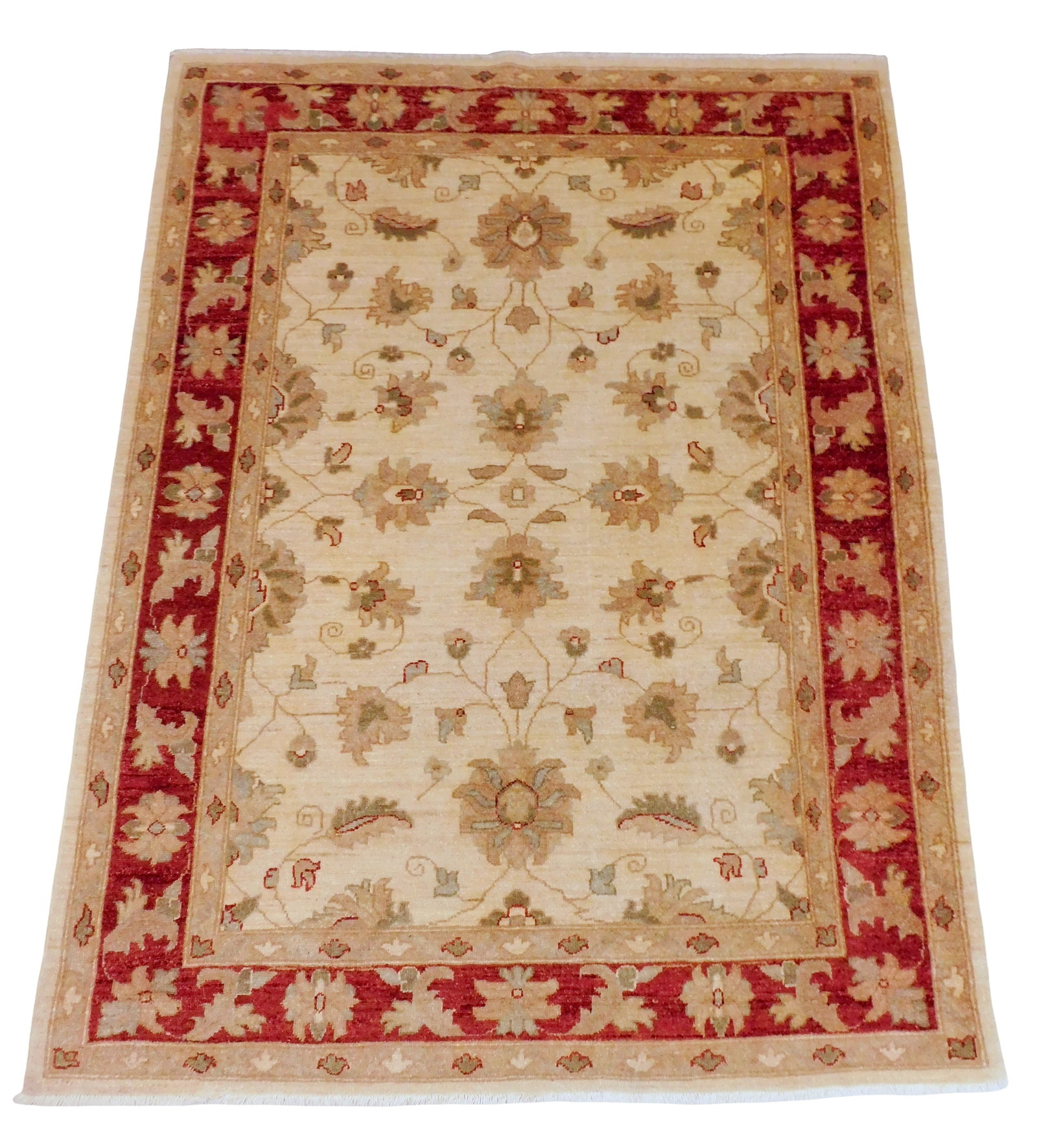 RUG: Peshawar Mahal, 4' 10" x 6' 5", wool on cotton, allover floral geometric design, wear: RUG: Peshawar Mahal, 4' 10" x 6' 5", wool on cotton, allover floral geometric design, wear consistent with age and use.