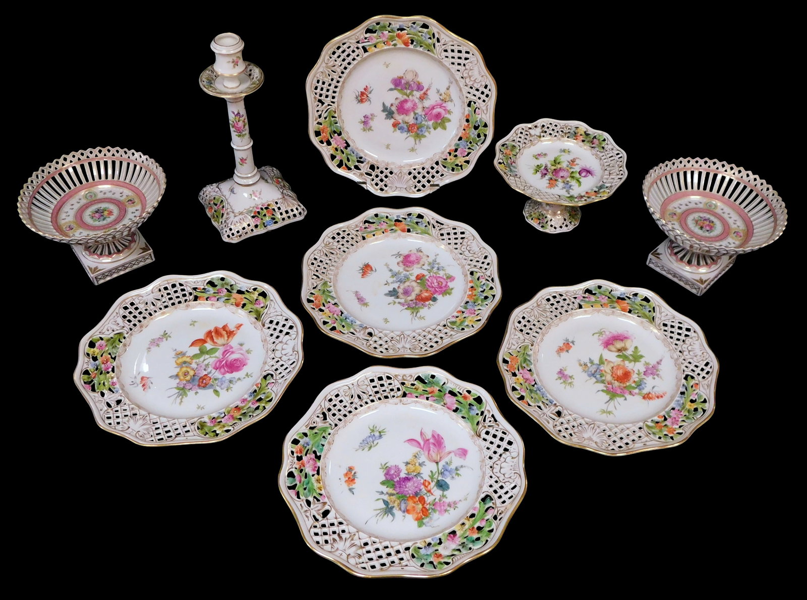 Dresden hand painted porcelain plates and servingware, 19th- early 20th C., Germany, all reticulated (1 of 3)