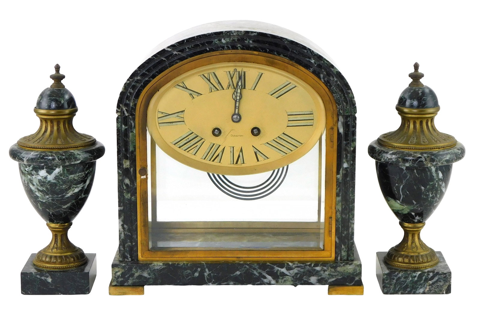 French green marble garniture mantel clock and two urns, 20th C., Art Deco style, clock face marked (1 of 3)