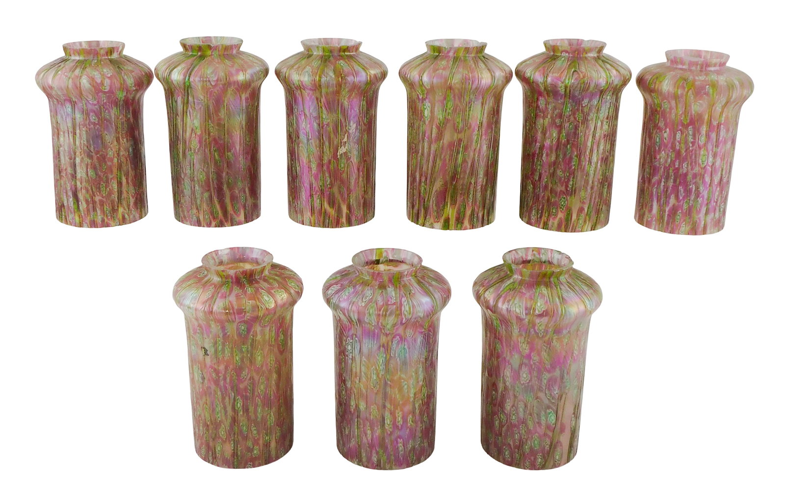 ART GLASS: Nine Bohemian/ Austrian matching cylindrical lamp shades, possibly Loetz or Kralik, early: ART GLASS: Nine Bohemian/ Austrian matching cylindrical lamp shades, possibly Loetz or Kralik, early 20th C, varied pink and green, iridescent finish, wear consistent with age including scattered rim