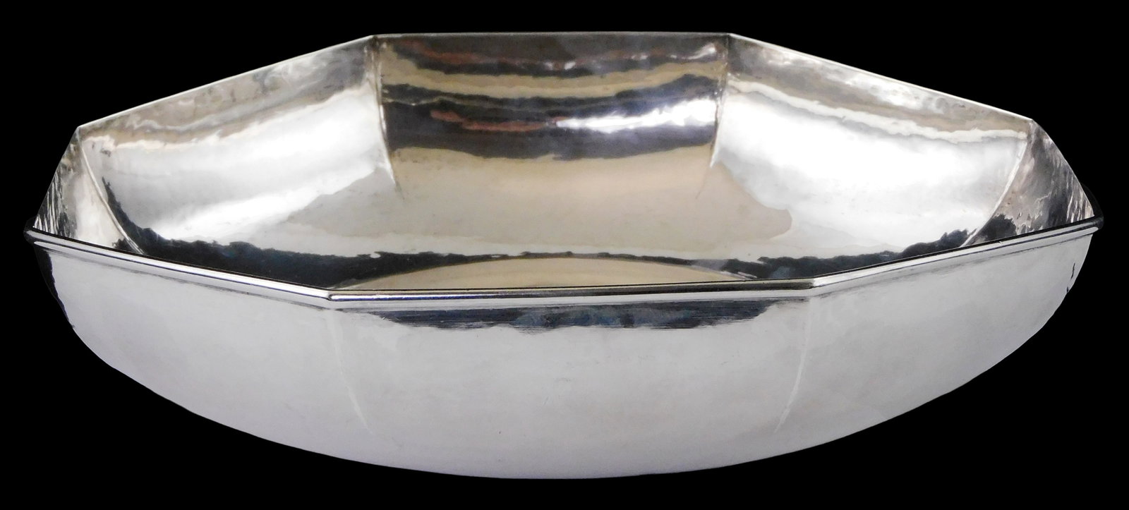 STERLING: Handwrought sterling octagonal dish, American, late 19th/ 20th C., Arts & Crafts style: STERLING: Handwrought sterling octagonal dish, American, late 19th/ 20th C., Arts & Crafts style with hammered finish, stamped on base including unknown maker's mark resembling an "A", bent/ crimp at