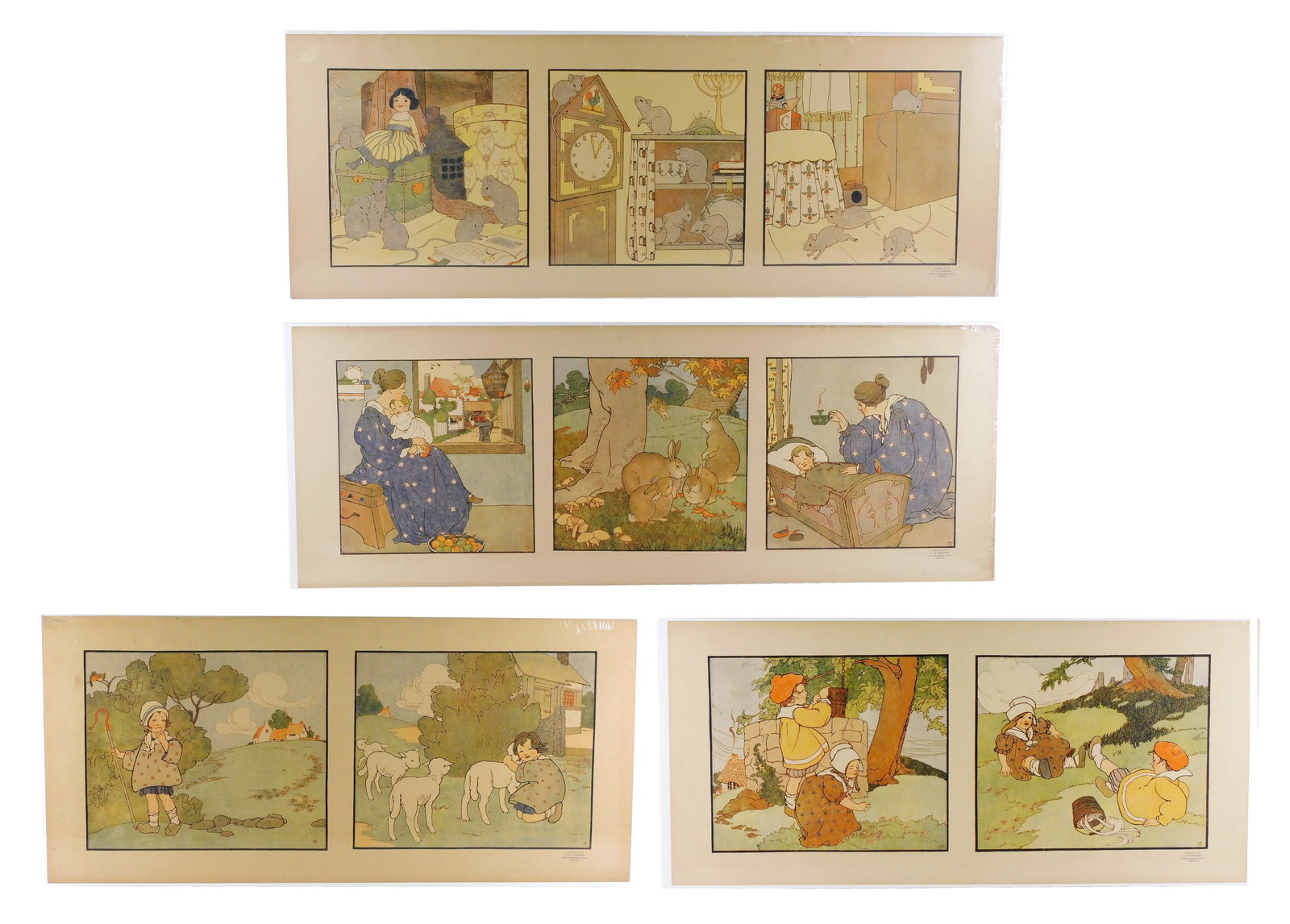 Four nursery rhyme lithographs printed by Charles H. Congdon (American, 1856–1928), original art (1 of 12)