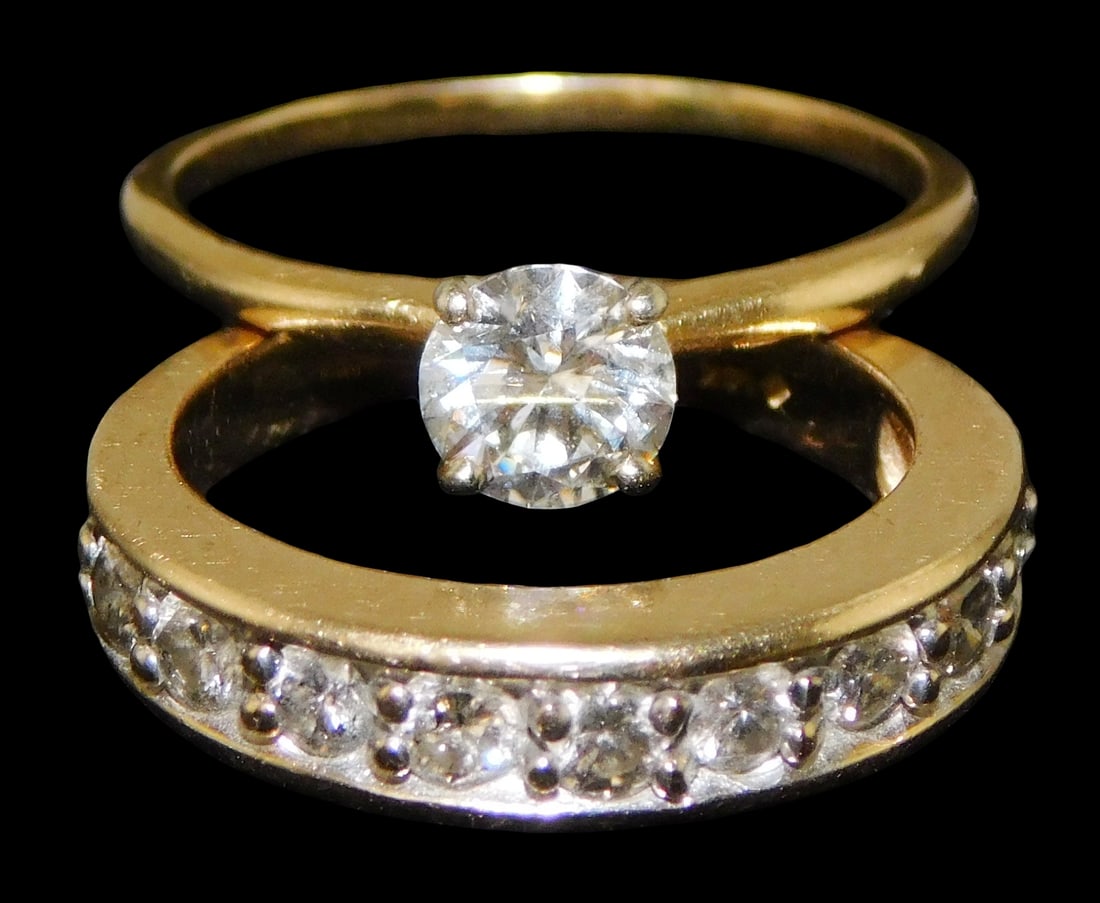 JEWELRY: 14K Diamond engagement ring with diamond wedding ring, details include: engagement ring (1 of 5)