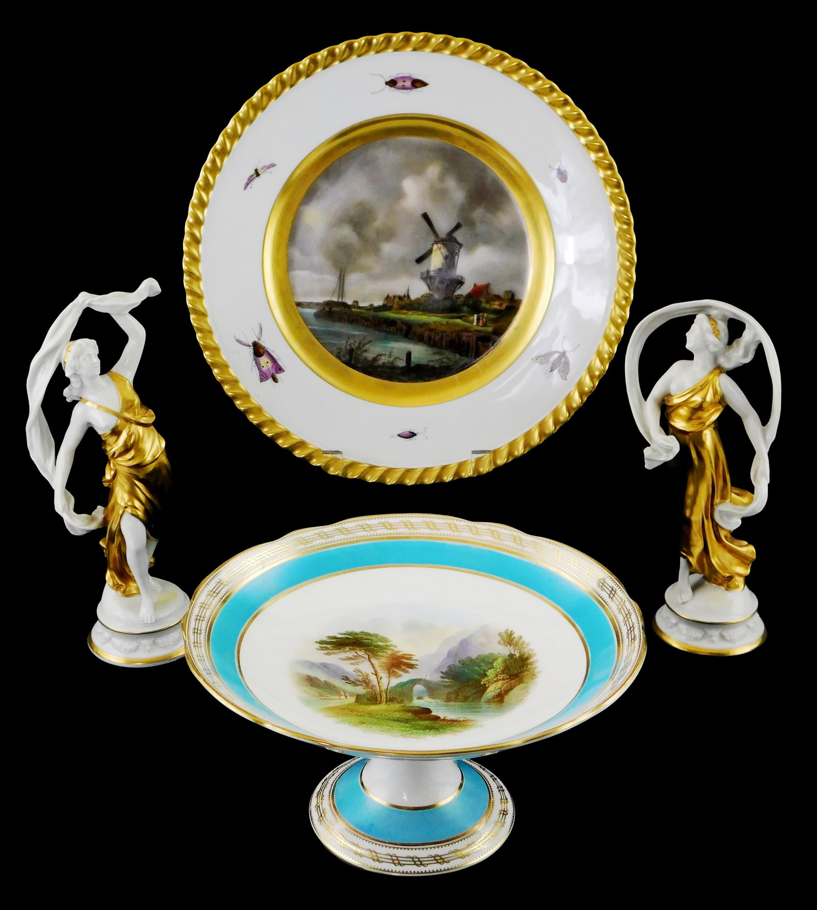 Four pieces of decorative porcelain, two figures and two plates, including: two Capodimonte dancer (1 of 3)