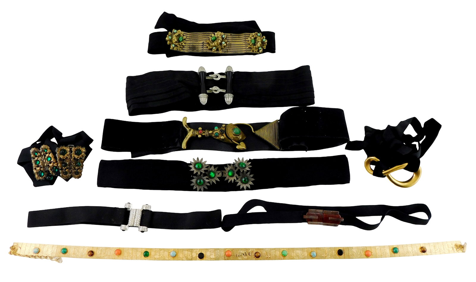 VINTAGE: Seven Art Nouveau, Art Deco, and Modern belt-buckles on black ribbon belts along with one: VINTAGE: Seven Art Nouveau, Art Deco, and Modern belt-buckles on black ribbon belts along with one Contemporary gold-colored mesh link belt with etched floral design, many inset with semi-precious typ