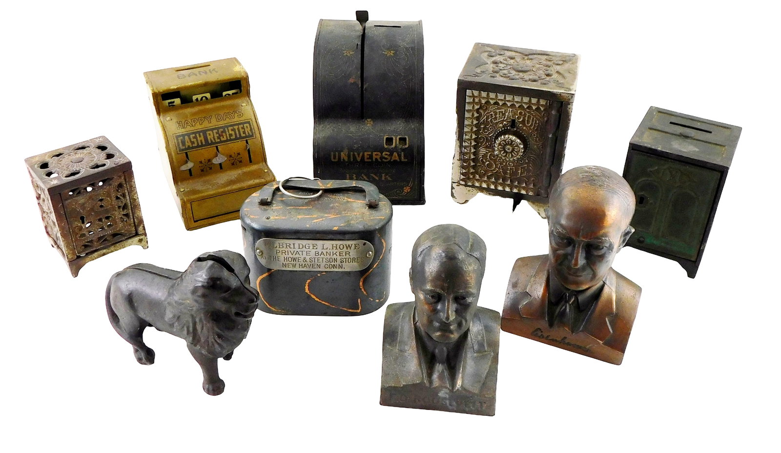 Nine still novelty change banks, late 19th/early 20th C., including: cast iron JE Stevens "Treasure: Nine still novelty change banks, late 19th/early 20th C., including: cast iron JE Stevens "Treasure Safe"; JE Stevens cast iron safe; Kyser & Rex "Security Safe"; J. Chein & Co. "Happy Days" tin litho