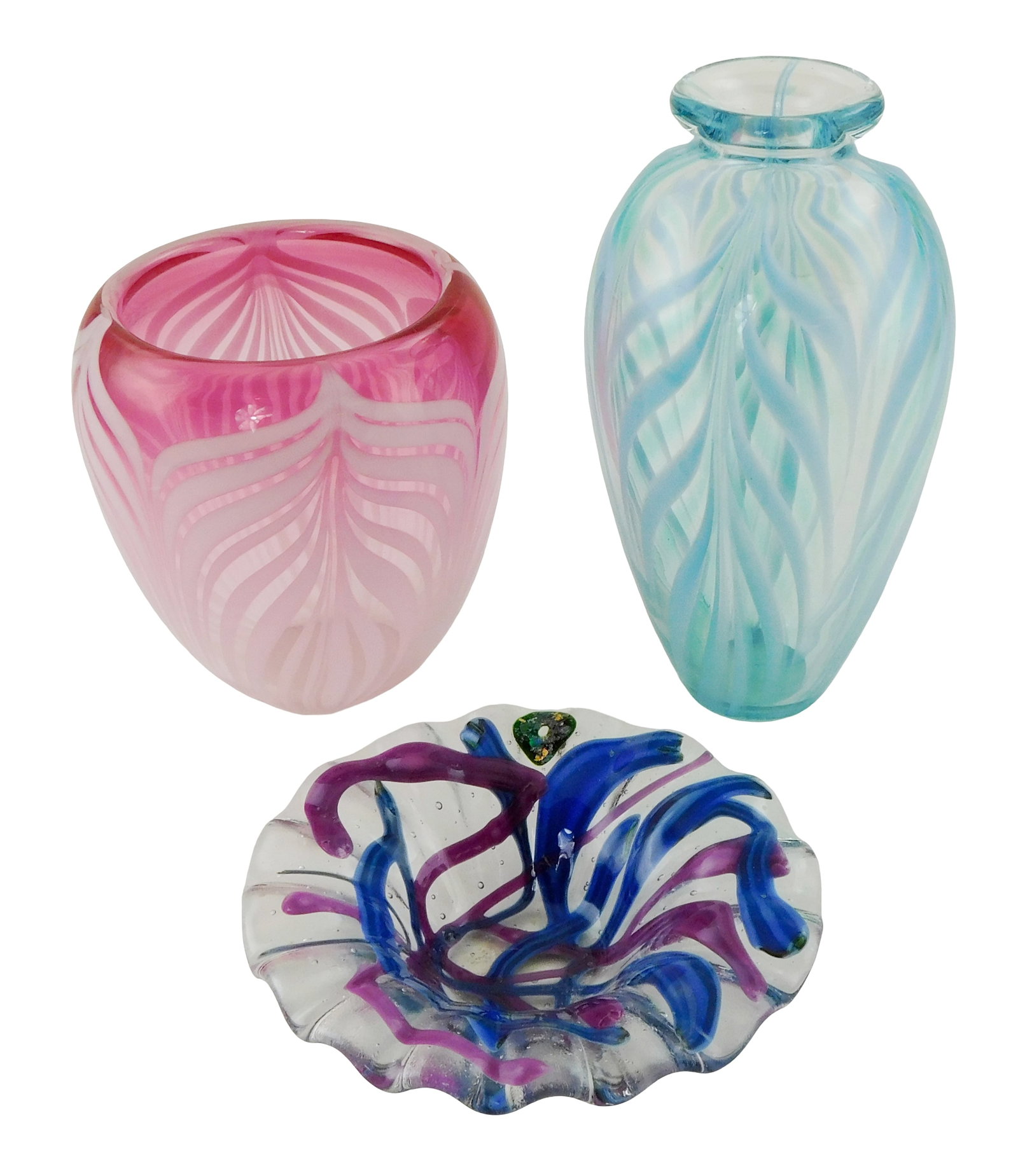 ART GLASS: Three pieces including two vases by David Boutin, one pink, 6" h. and one blue, 8 1/2" (1 of 4)