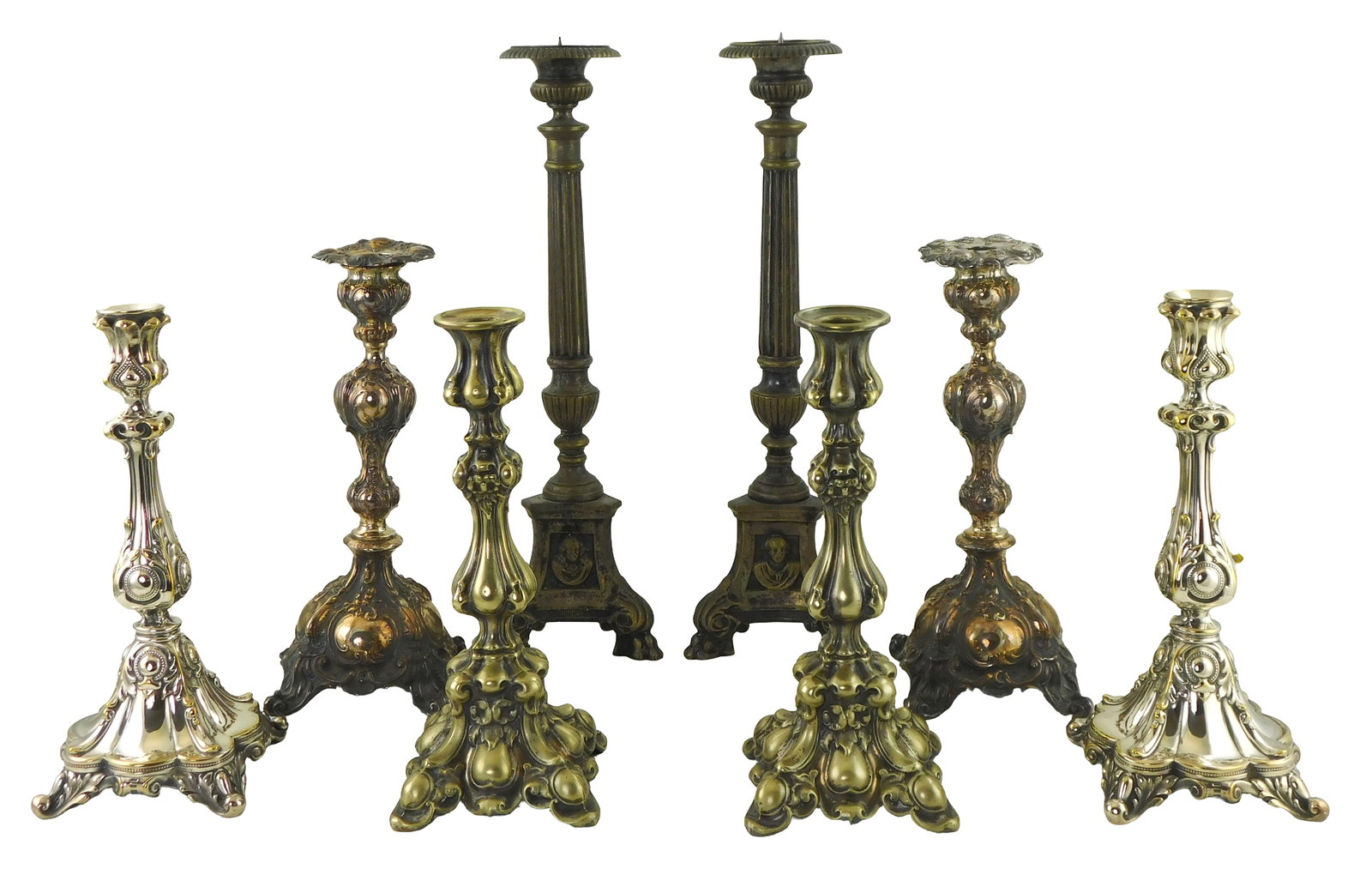 Four Shabbat candlestick pairs, B. Henneberg and others, 19th-20th C., including: pair of B. (1 of 2)