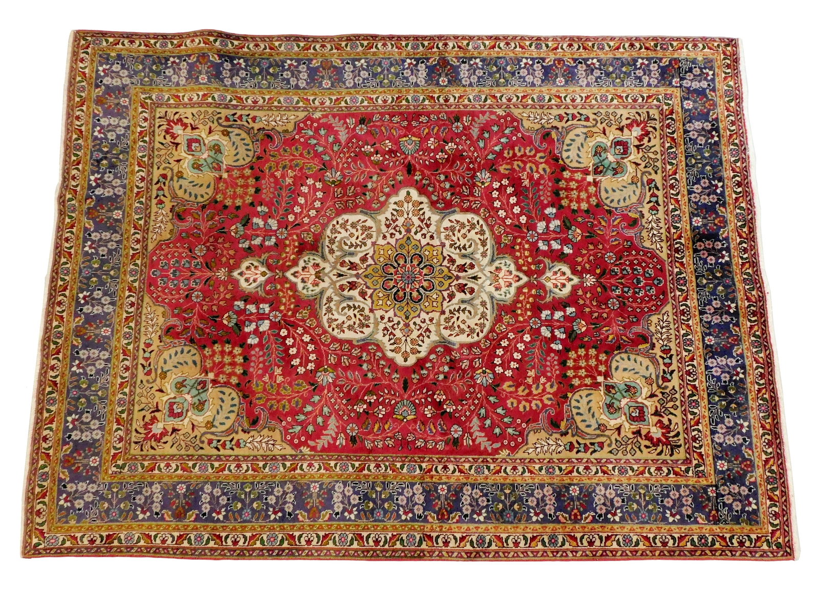 RUG: Persian Tabriz, 4' 10" x 6' 6", wool on cotton, burgundy ground, slate primary border, central: RUG: Persian Tabriz, 4' 10" x 6' 6", wool on cotton, burgundy ground, slate primary border, central medallion with foliate motifs, wear consistent with age and use.