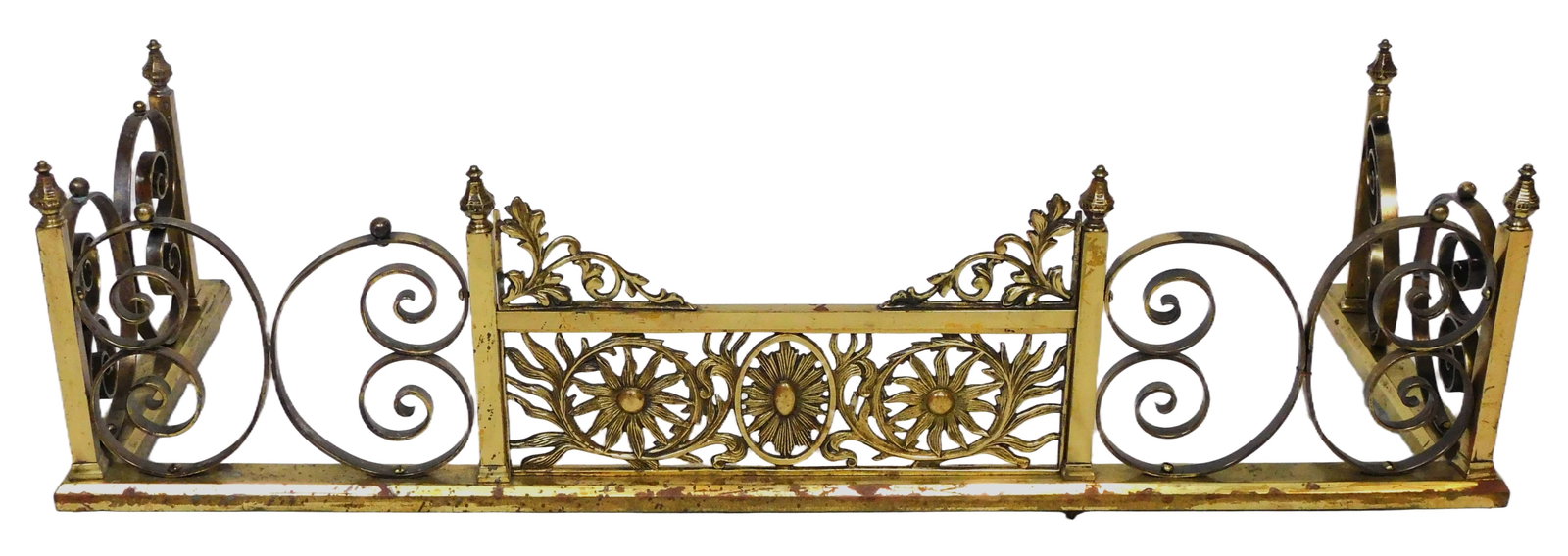 Brass Aesthetic movement fire fender, late 19th- early 20th C., decorative cast front with pierced (1 of 6)