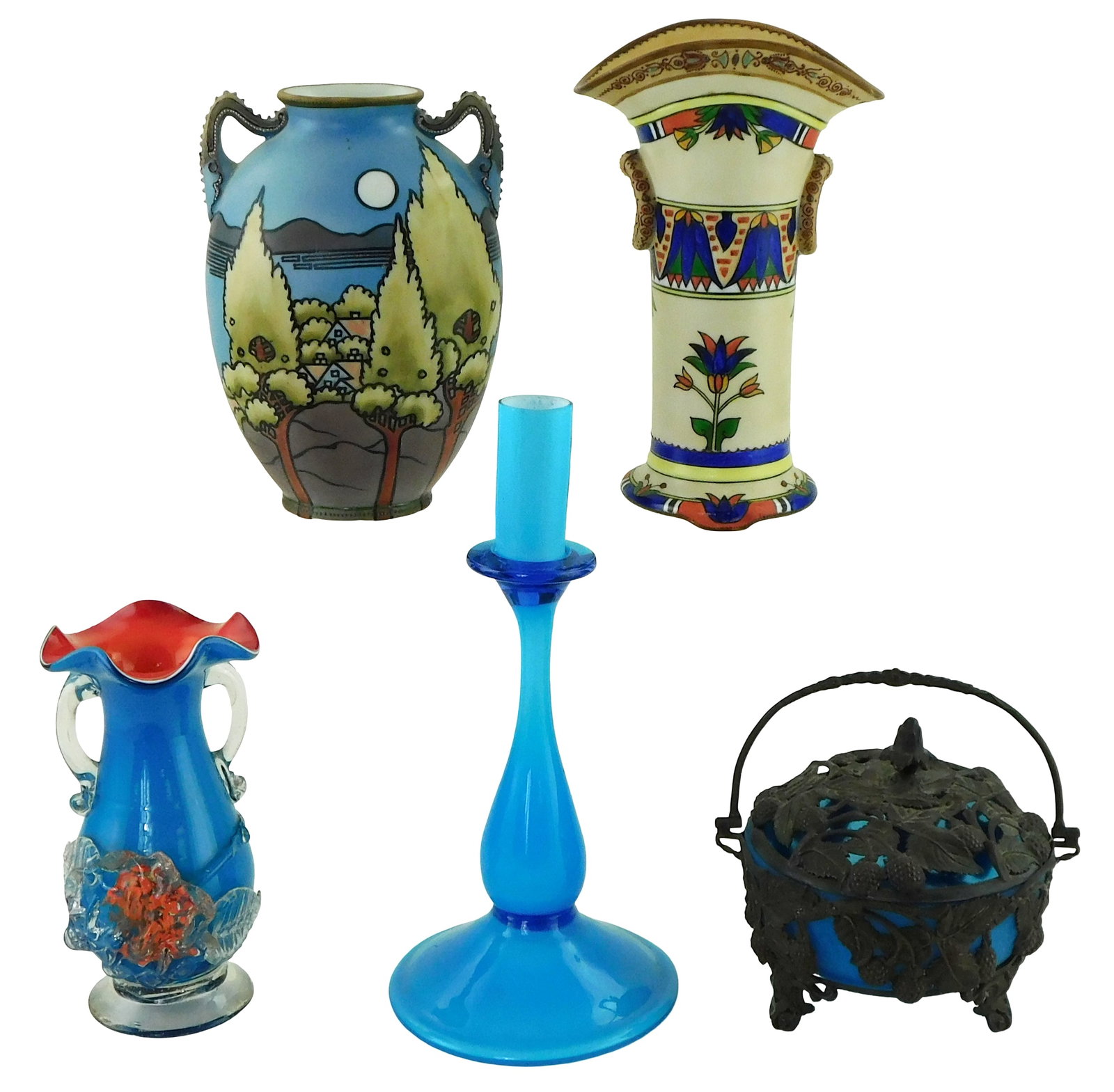 Nippon, etc.; five pieces of art ceramics and glass, including: Nippon Egyptian-style fluted vase (1 of 3)