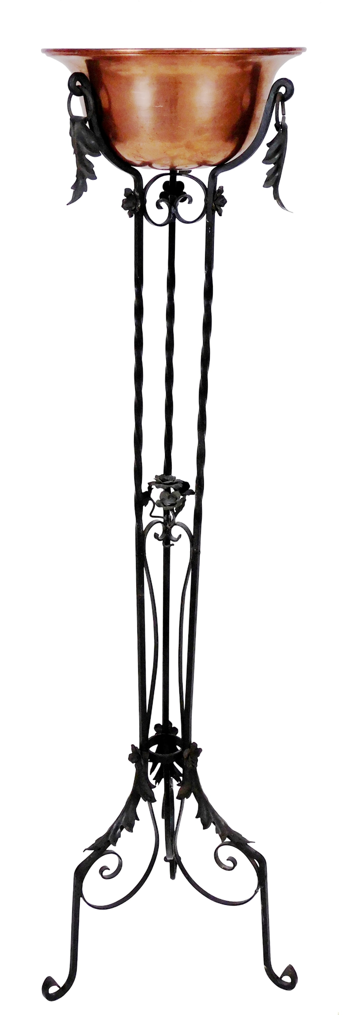 Wrought iron and copper plant stand, 19th C., floor length stand, tripod legs with upturned feet, (1 of 5)