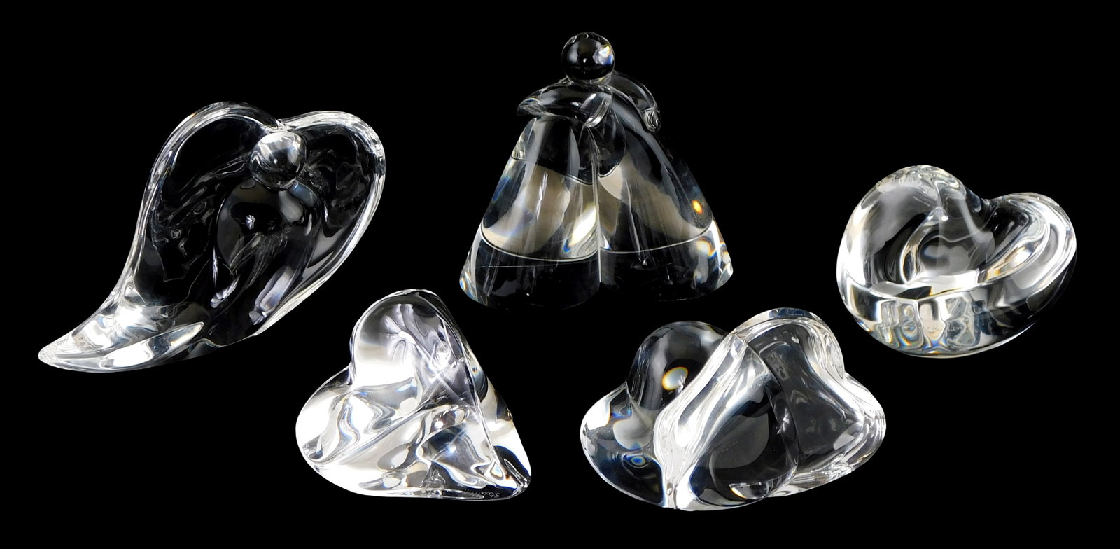ART GLASS: Five Steuben love and romance themed crystal figures and paperweights, all signed, (1 of 2)