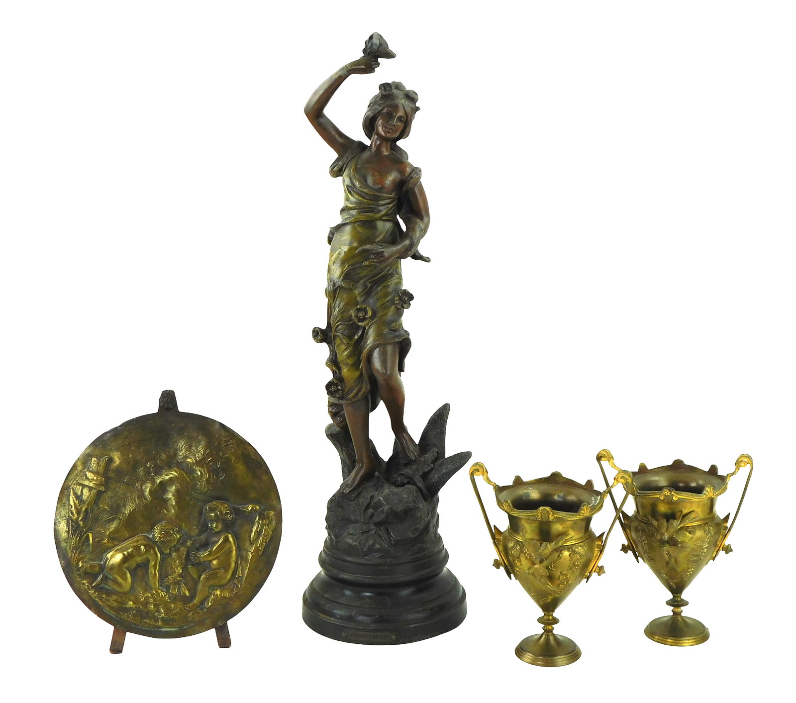 Brass and bronze figural urns, plaque and statue, 19th-early 20th C., including: spelter bronze cast (1 of 5)