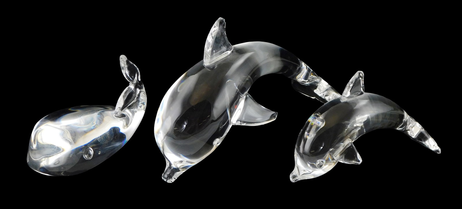 ART GLASS: Three Steuben ocean mammal themed figures, two dolphins and a whale, all with signed (1 of 3)