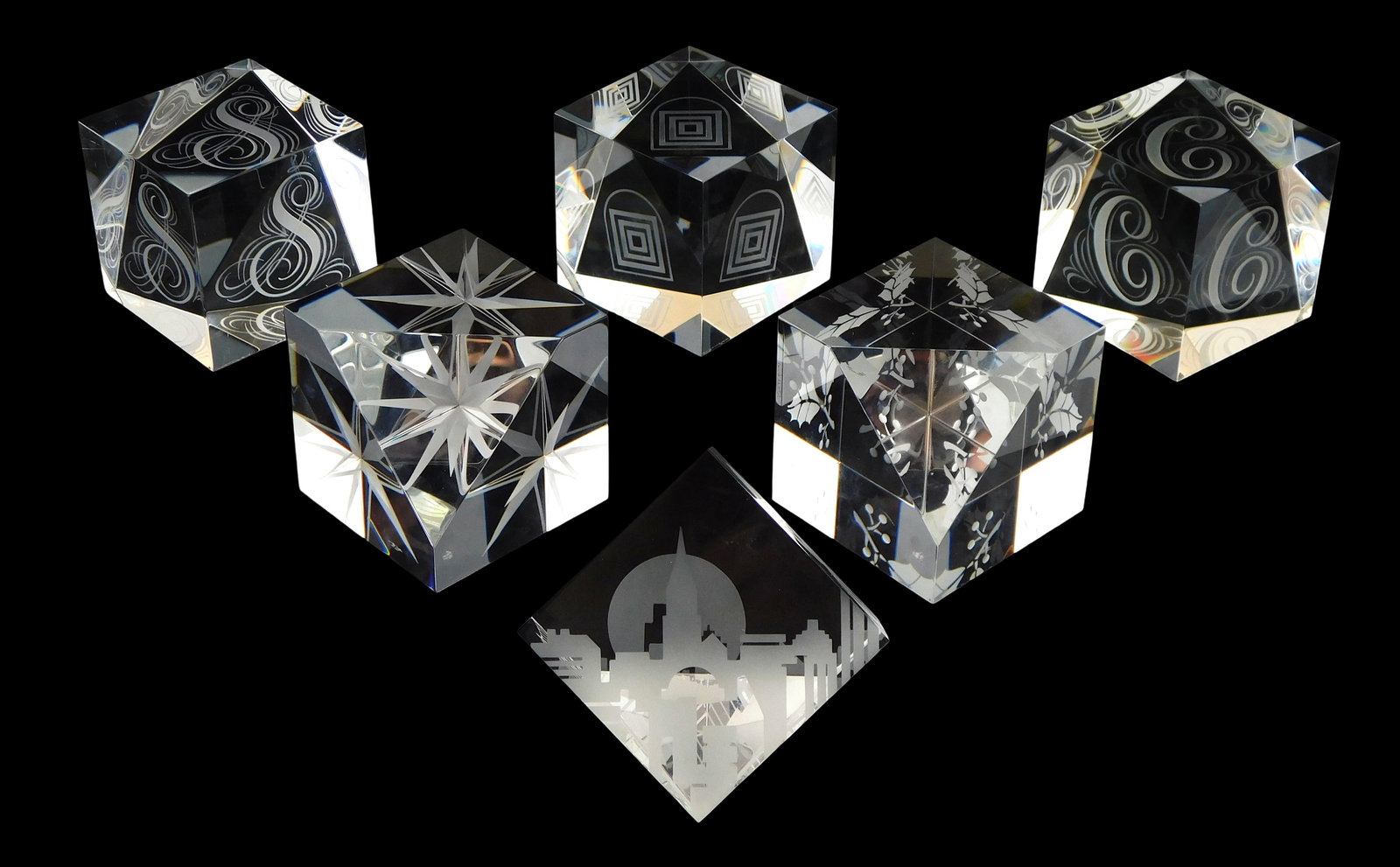 ART GLASS: Six Steuben crystal cubes, all marked, etched designs, New York City; letter “S??, (1 of 3)